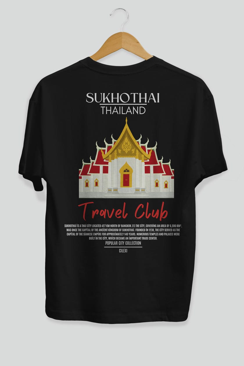 Sukhothai Thailand Arka Baskılı Oversize t-shirt Erkek Kadın Pamuk Bisiklet Yaka tişort