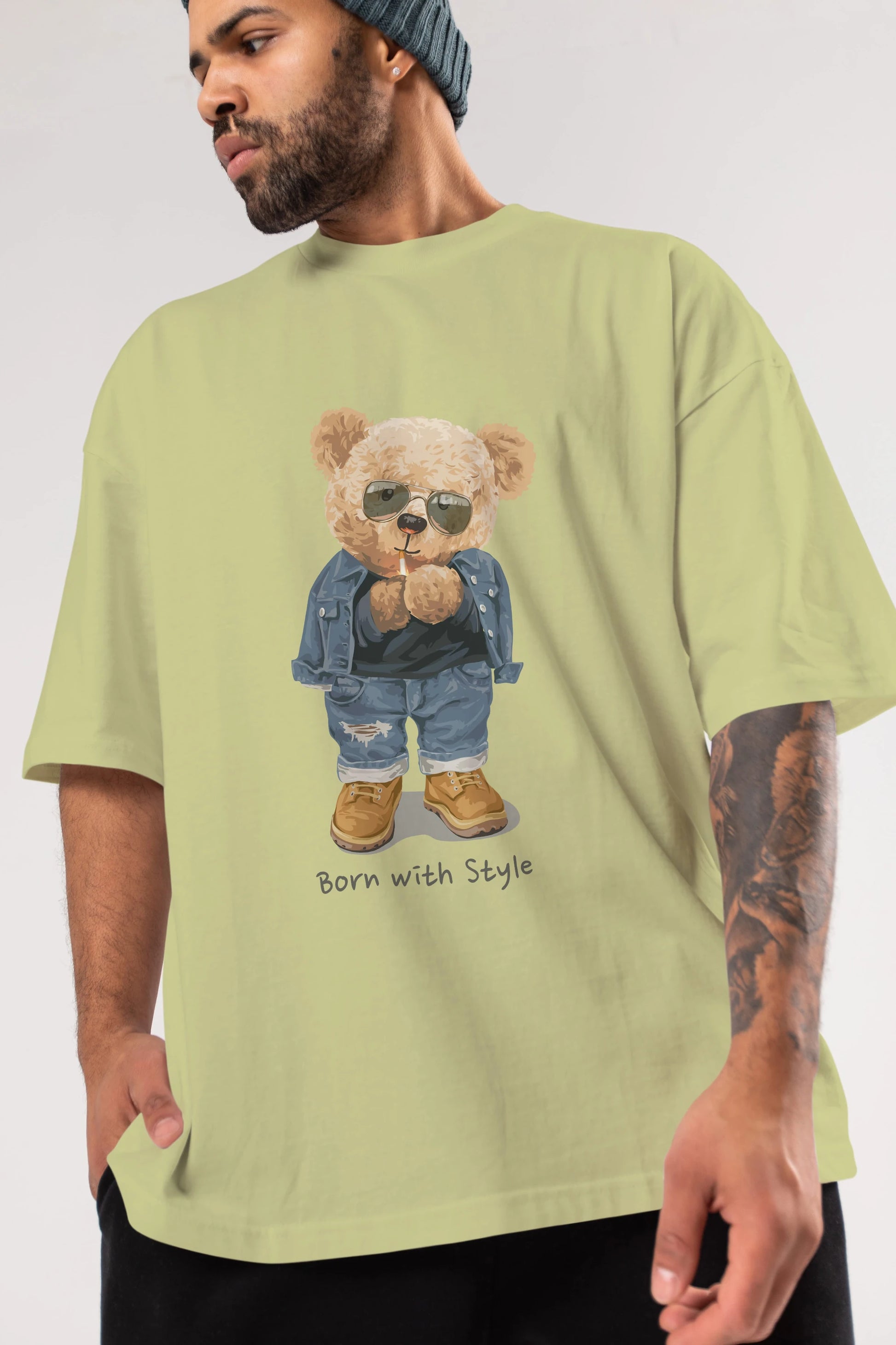 Teddy Bear Born With Style Ön Baskılı Oversize t-shirt Erkek Kadın Unisex %100 Pamuk