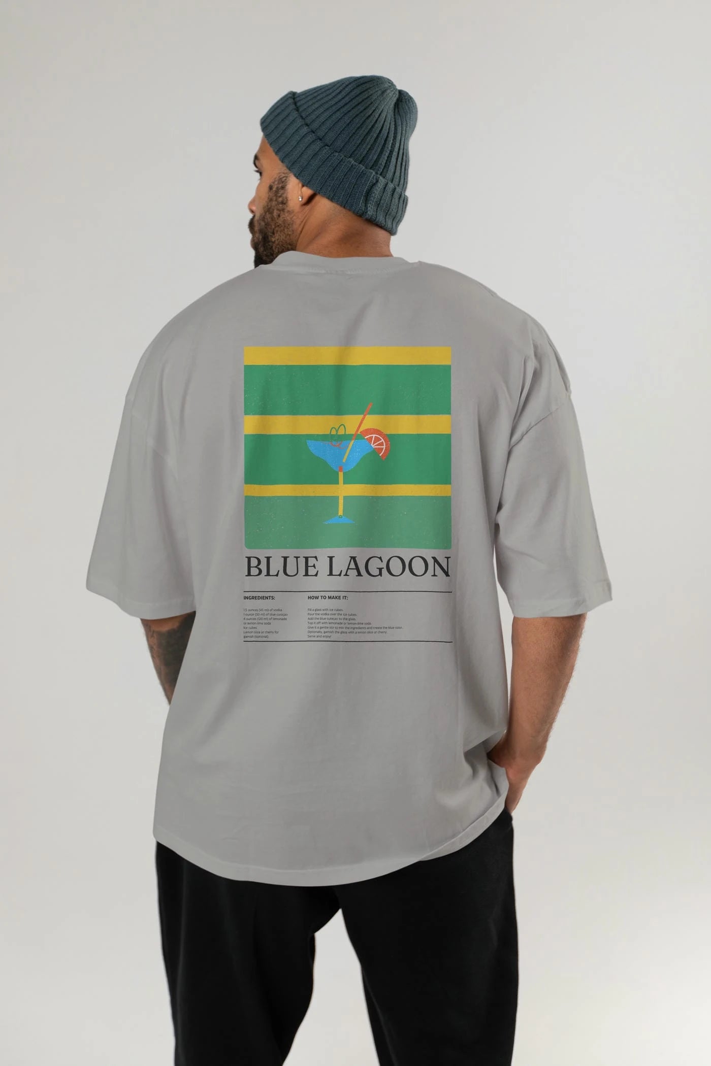 Blue Lagoon Kokteyl Serisi Arka Baskılı Oversize t-shirt Erkek Kadın %100 Pamuk Bisiklet Yaka tişort