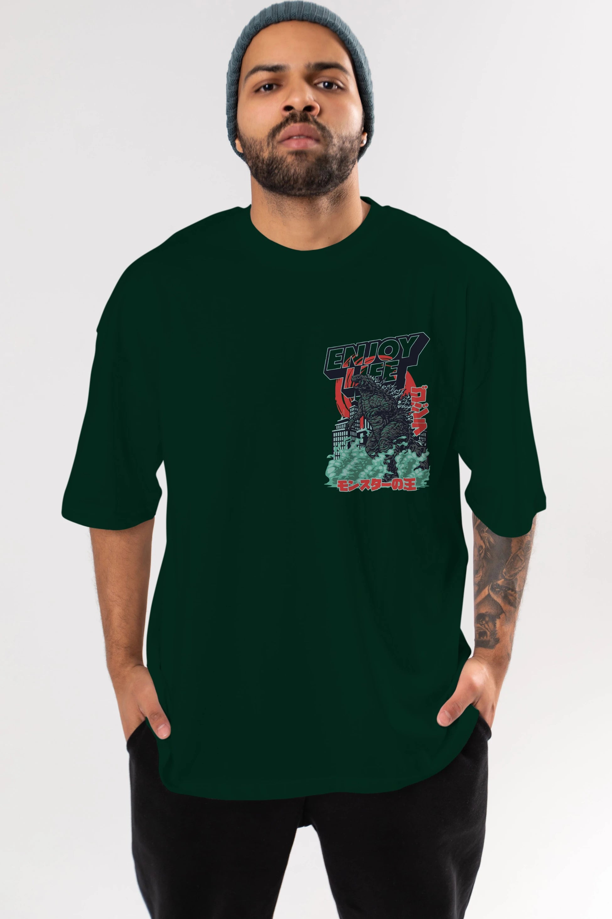 Godzilla Ön Sol Baskılı Oversize t-shirt Erkek Kadın Unisex %100 Pamuk Bisiklet Yaka tişort