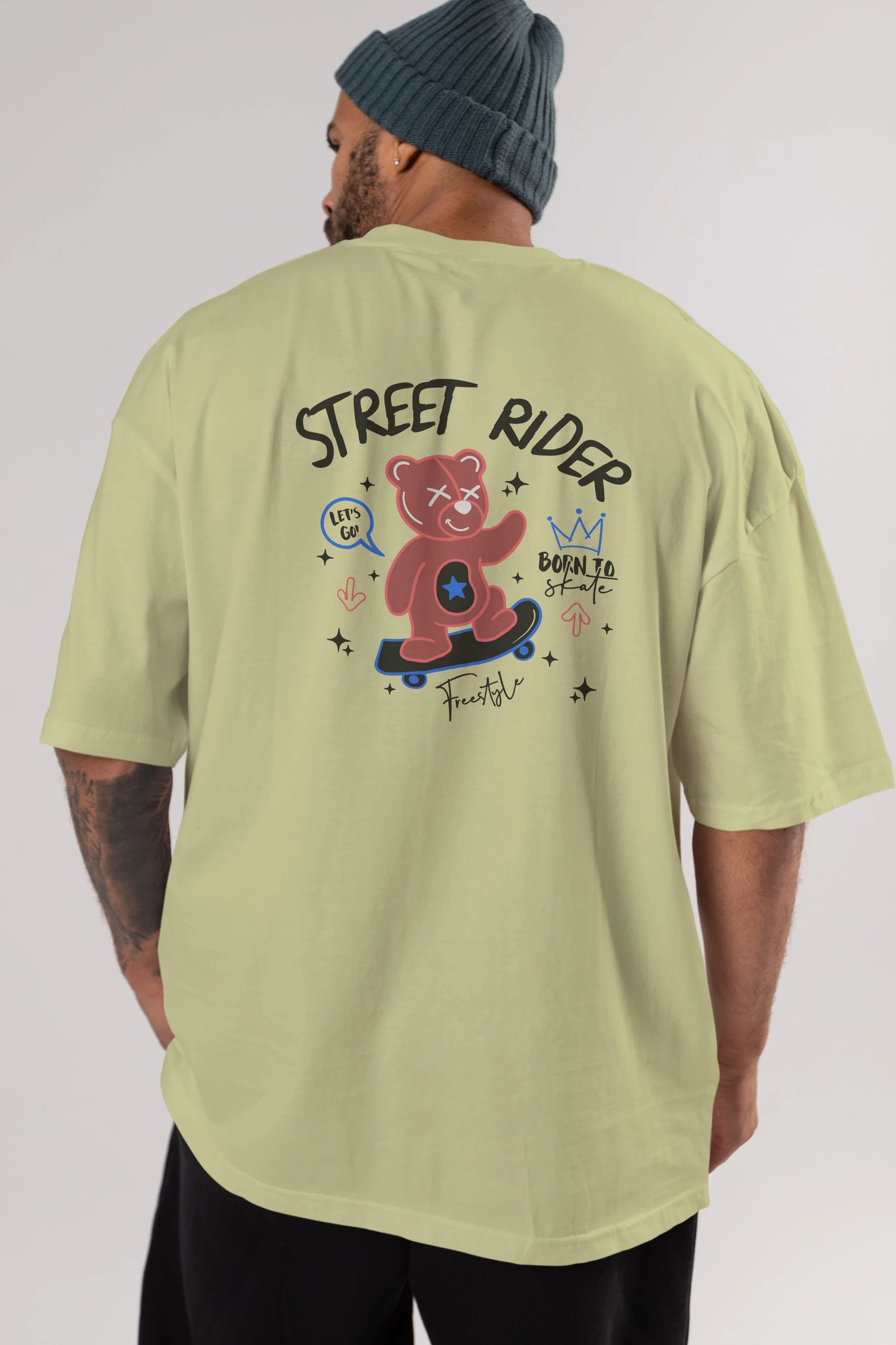 Street Rider Bear Arka Baskılı Oversize t-shirt Erkek Kadın Unisex