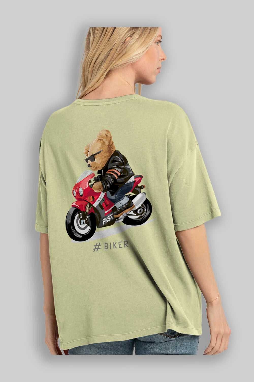Teddy Bear Biker Arka Baskılı Oversize t-shirt Erkek Kadın Unisex %100 Pamuk