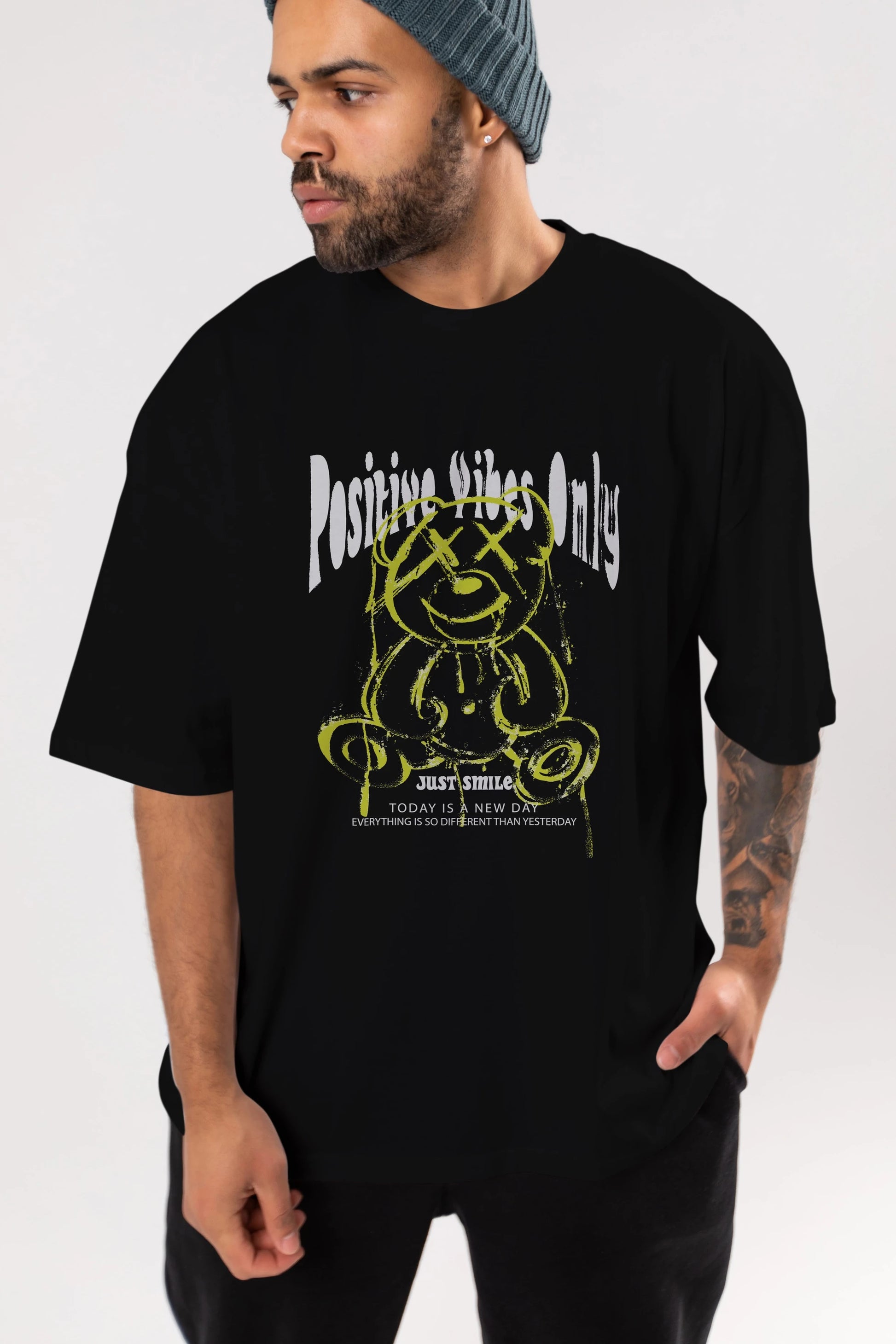 Positive Vibes Only Bear Ön Baskılı Oversize t-shirt Erkek Kadın Unisex