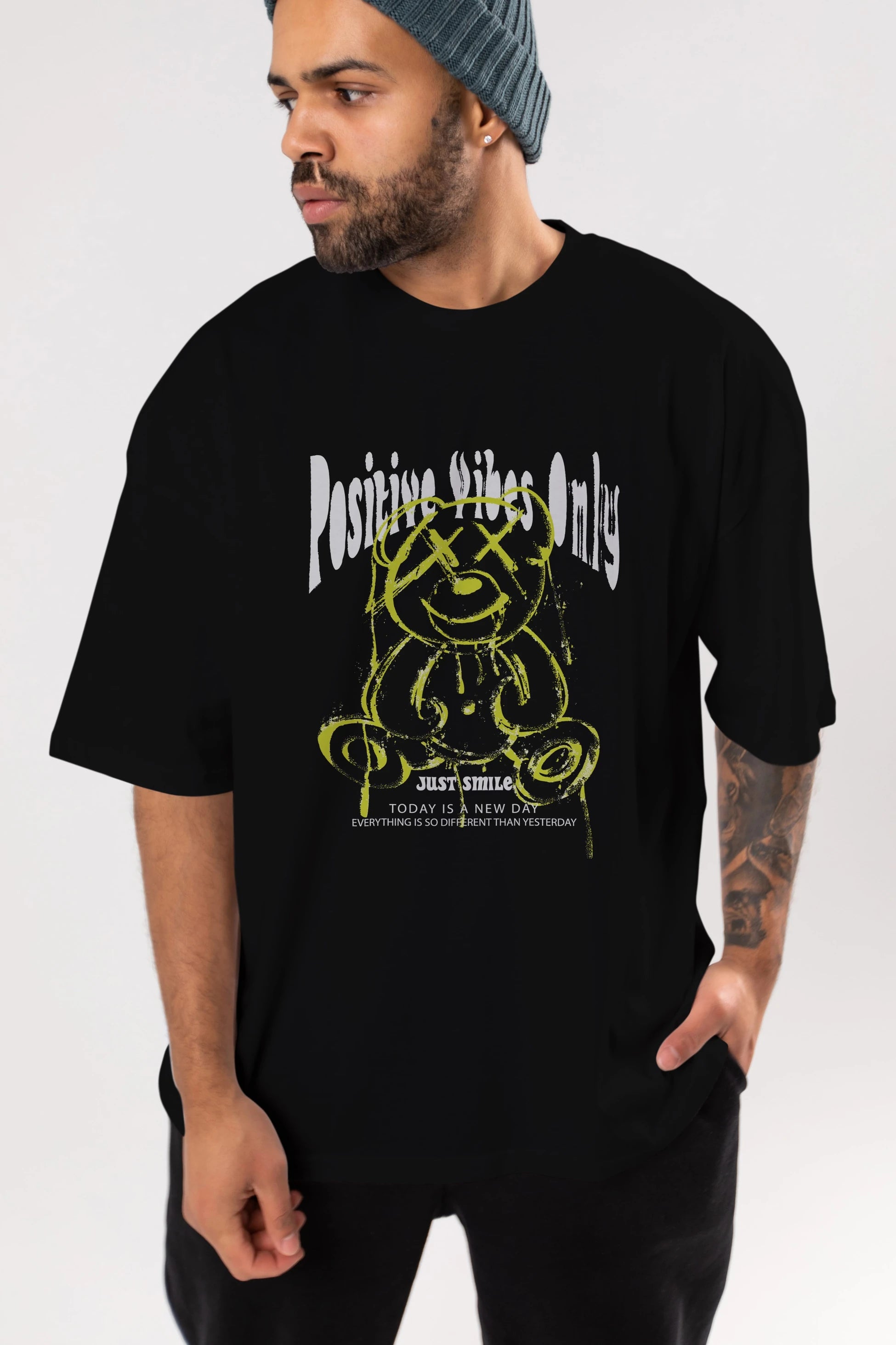 Positive Vibes Only Bear Ön Baskılı Oversize t-shirt Erkek Kadın Unisex