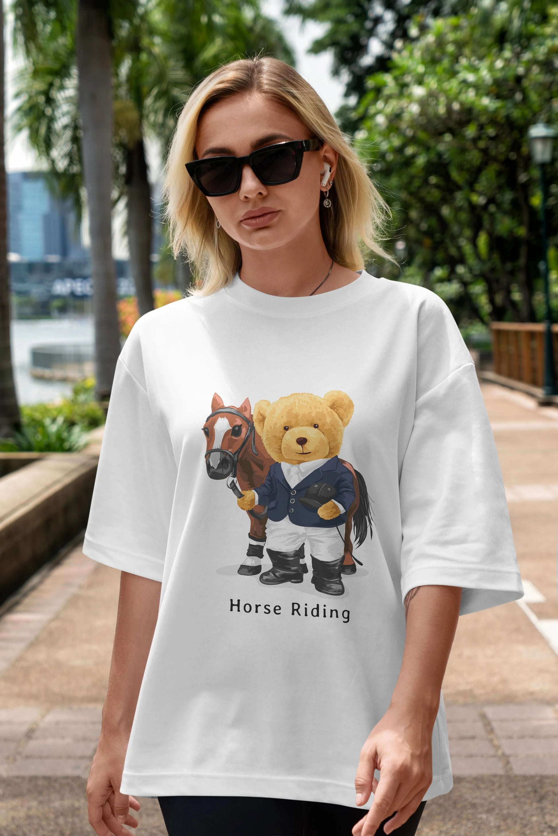 Teddy Bear Horse Riding Ön Baskılı Oversize t-shirt Erkek Kadın Unisex %100 Pamuk