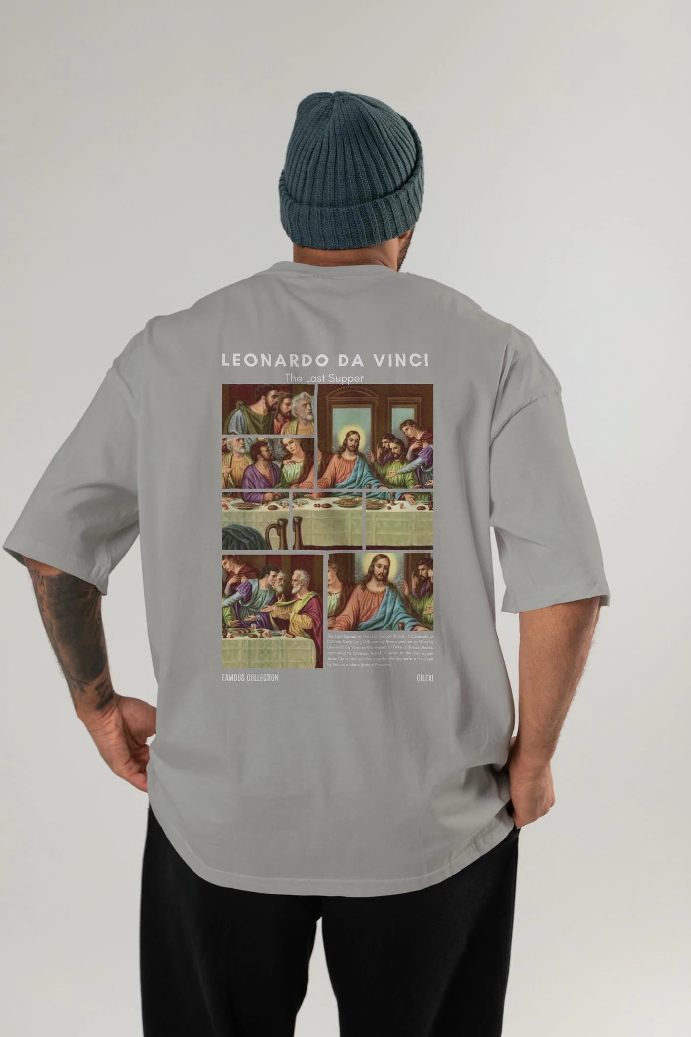 Leonardo Da Vinci Arka Baskılı Oversize t-shirt Erkek Kadın Bisiklet Yaka Pamuk tişort