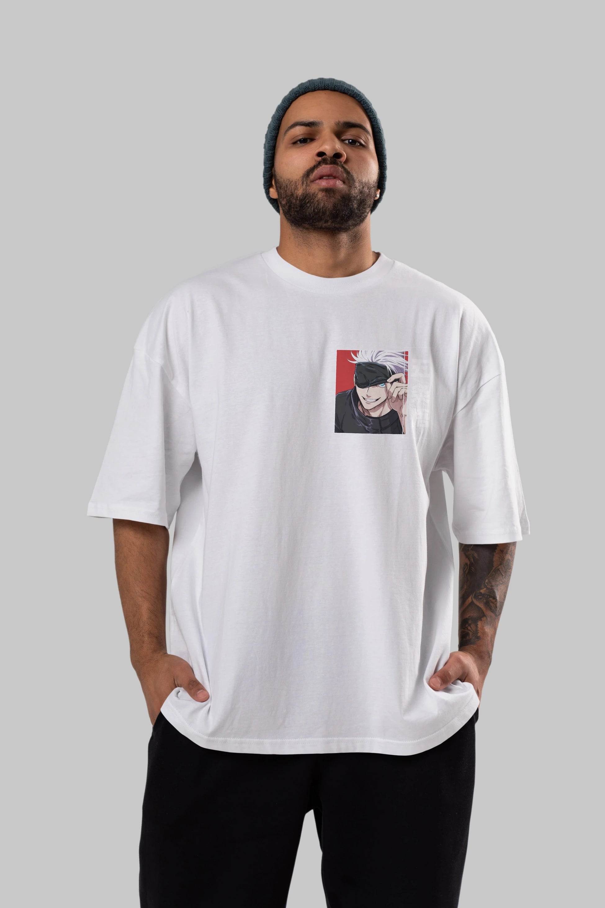 JUJUTSU KAISEN Ön Sol Baskılı Oversize t-shirt Erkek Kadın Unisex %100 Pamuk Bisiklet Yaka tişort