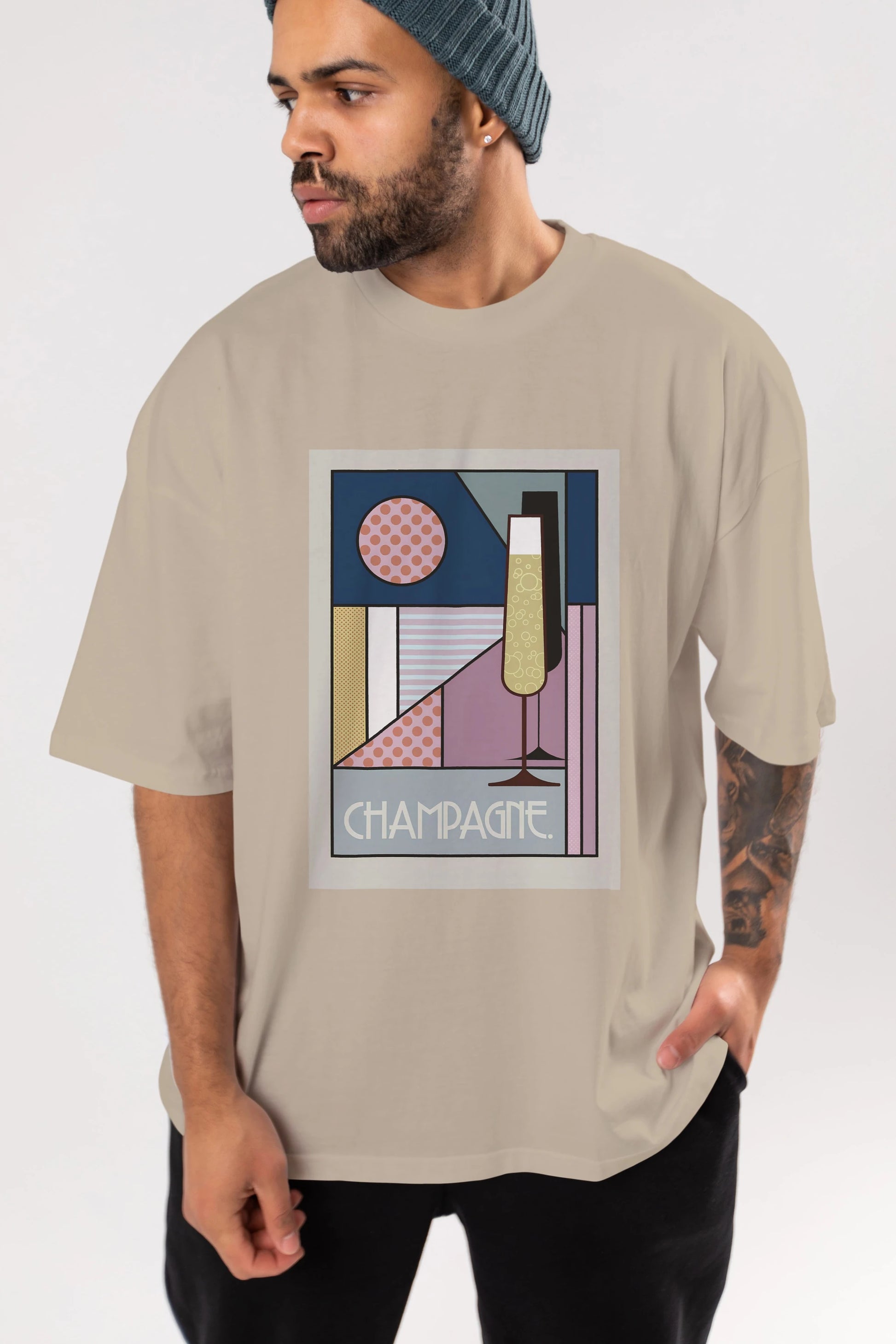 Champagne Ön Baskılı Oversize t-shirt Erkek Kadın Unisex %100 Pamuk Bisiklet Yaka tişort