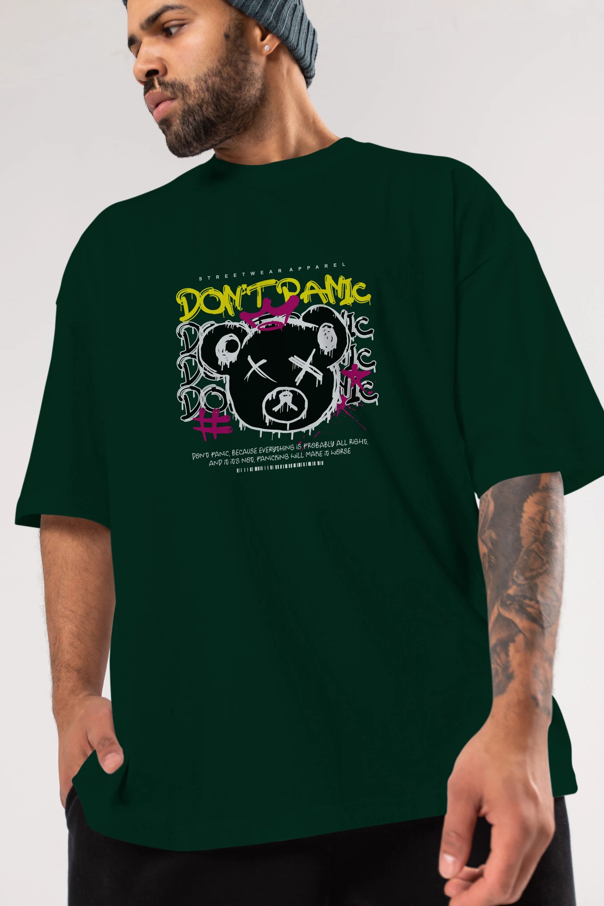 Teddy Bear Dont Panic Ön Baskılı Oversize t-shirt Erkek Kadın Unisex