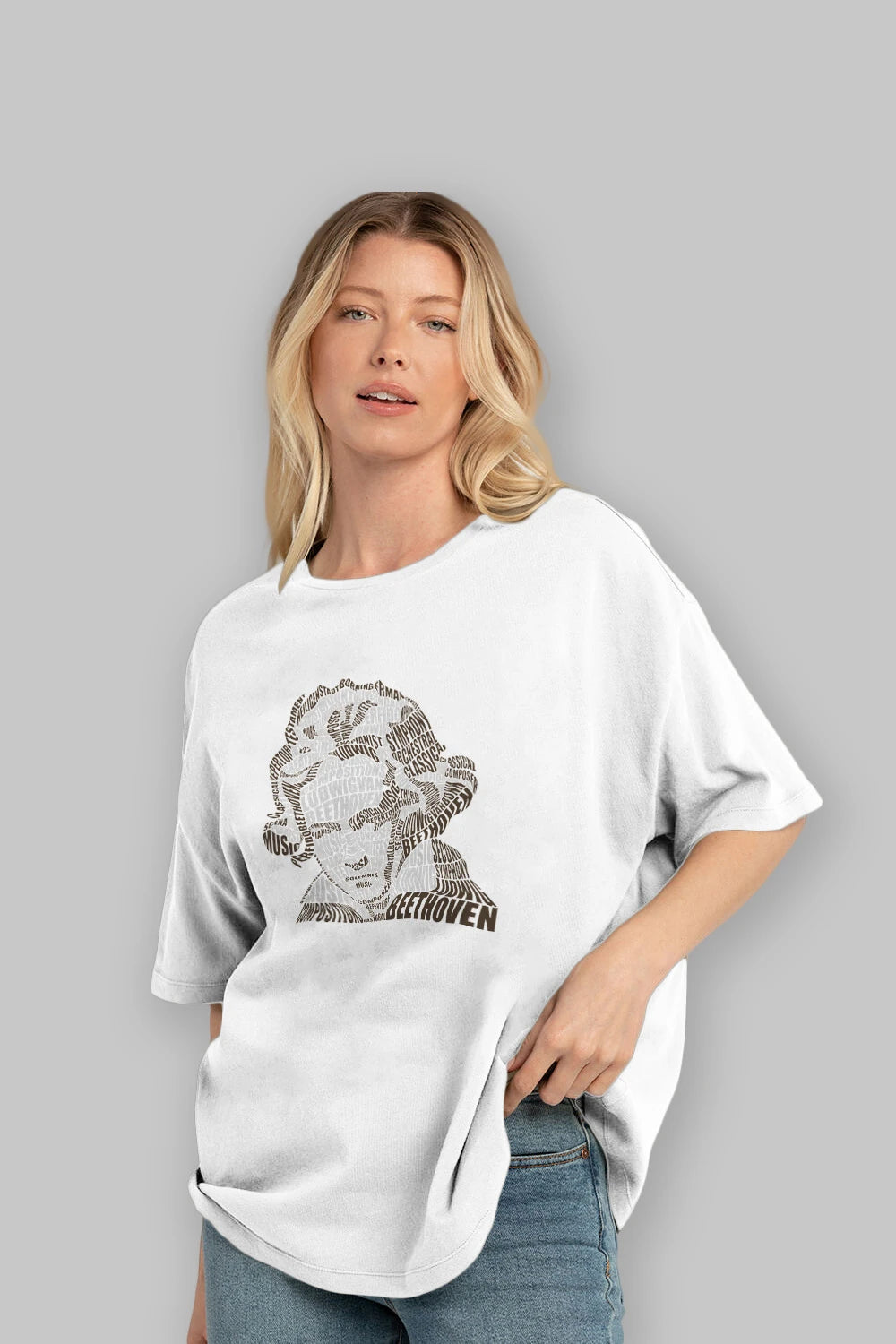 Ludwig van Beethoven Calligram Ön Baskılı Oversize t-shirt %100 pamuk Erkek Kadın Unisex