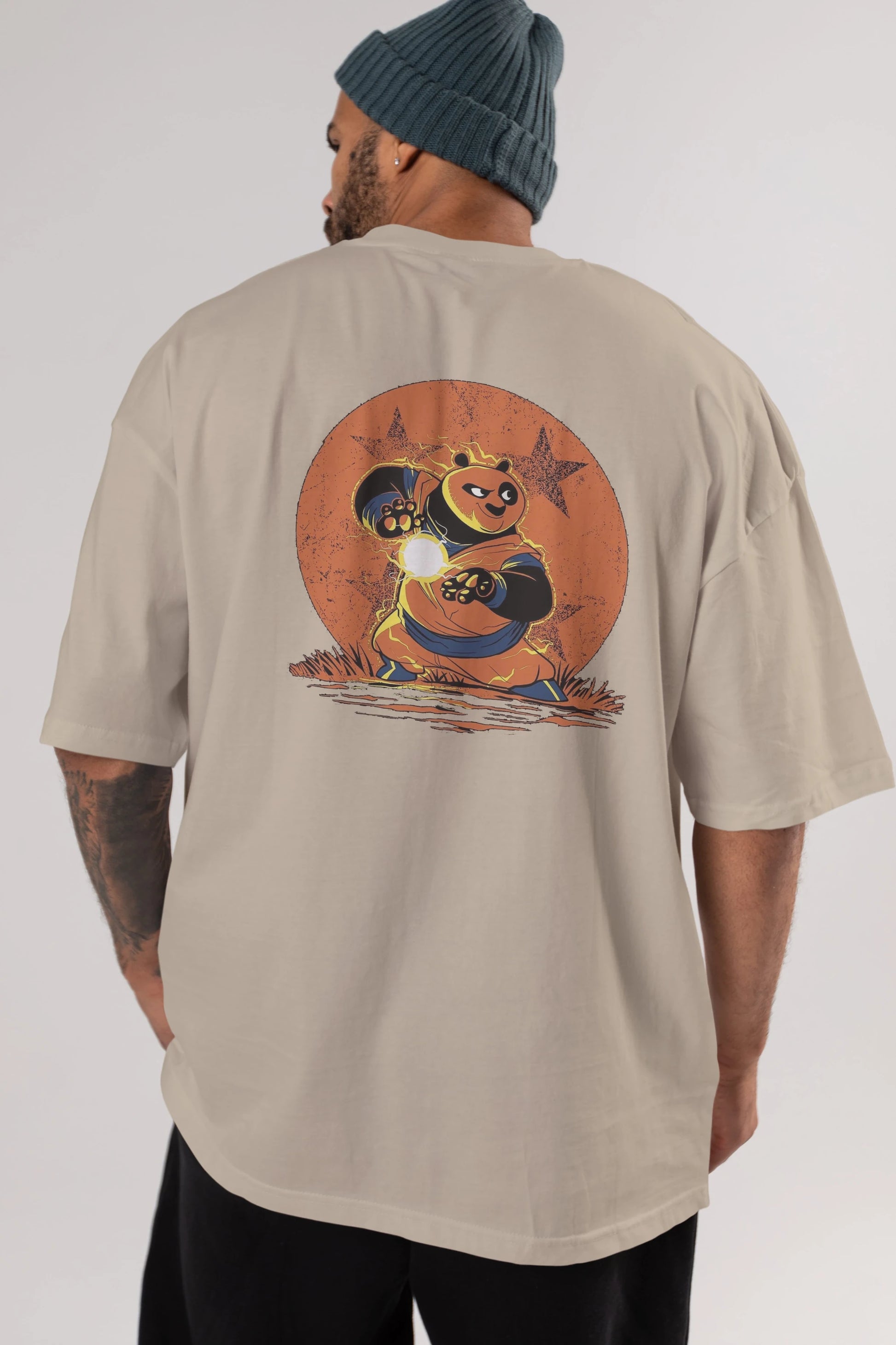 Kung Fu Panda Arka Baskılı Oversize t-shirt Erkek Kadın Unisex %100 Pamuk Bisiklet Yaka tişort