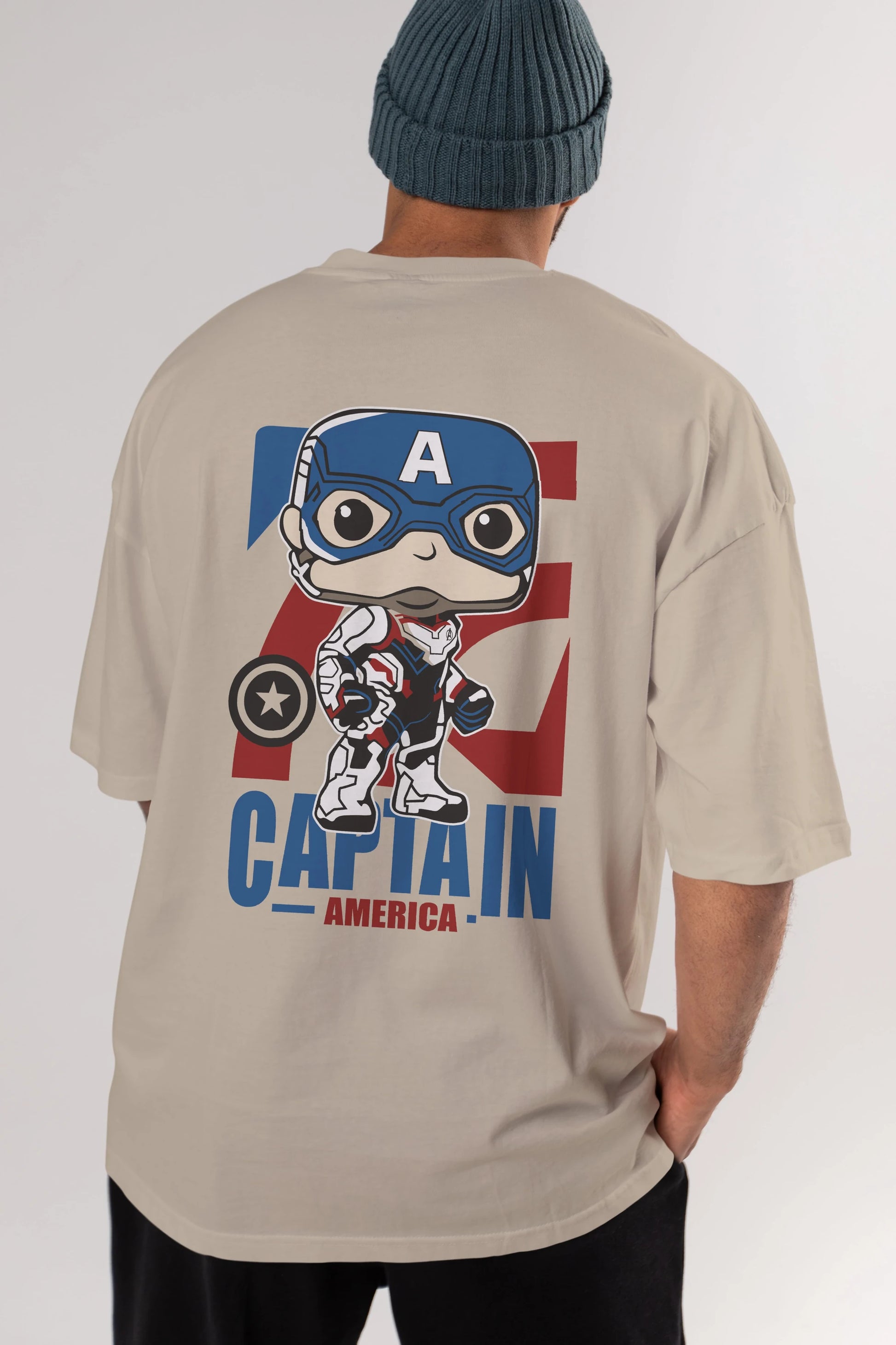 Captain America Arka Baskılı Oversize t-shirt Erkek Kadın Unisex %100 Pamuk Bisiklet Yaka tişort