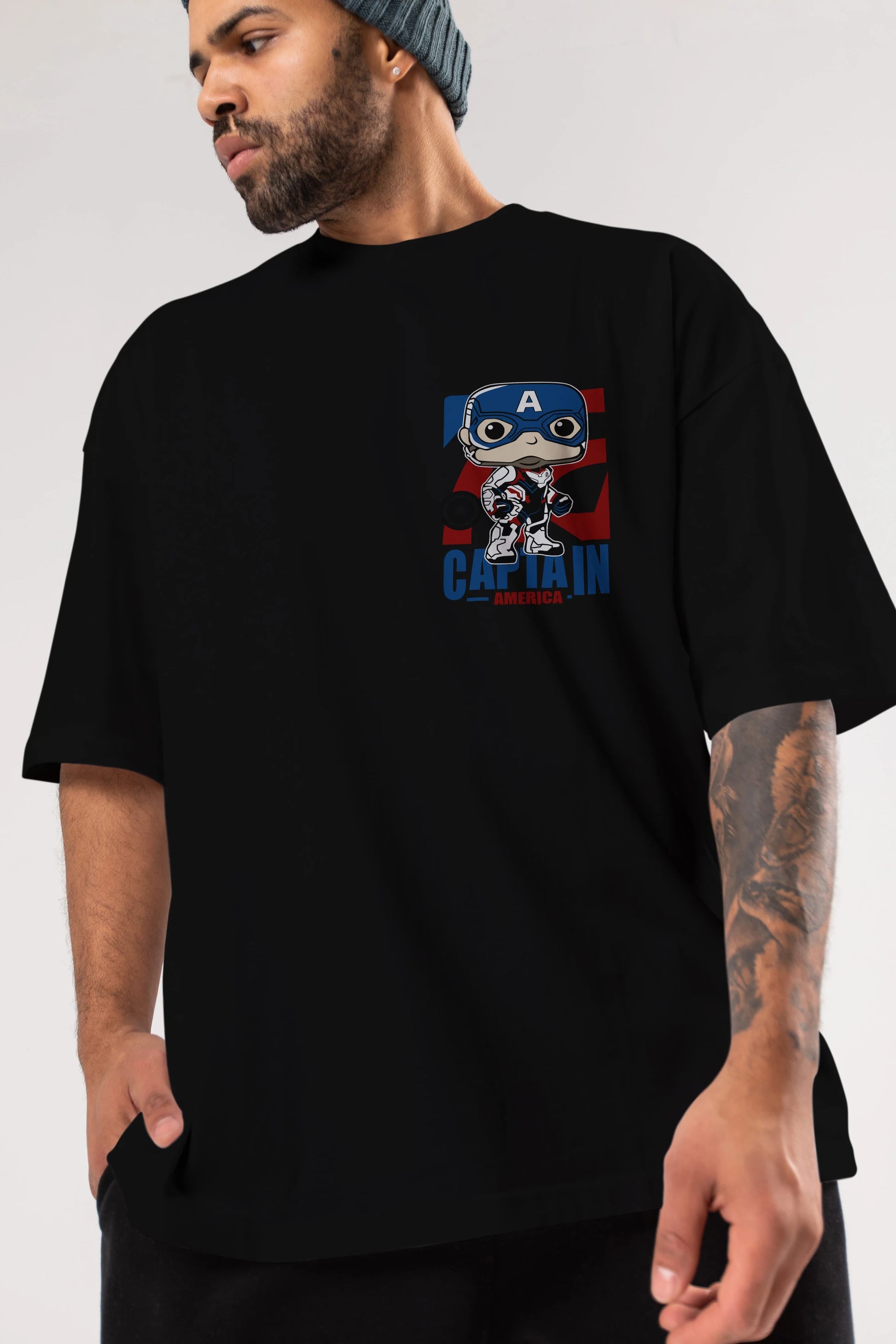 Captain America Ön Sol Baskılı Oversize t-shirt Erkek Kadın Unisex %100 Pamuk Bisiklet Yaka tişort