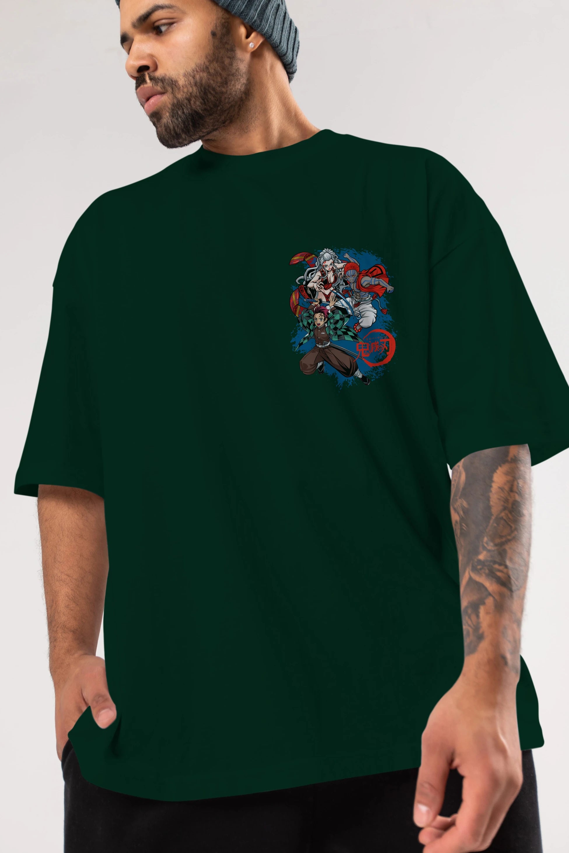 TANJIRO ,AKAZA,DAKI Ön Sol Baskılı Oversize t-shirt Erkek Kadın Unisex %100 Pamuk Bisiklet Yaka tişort