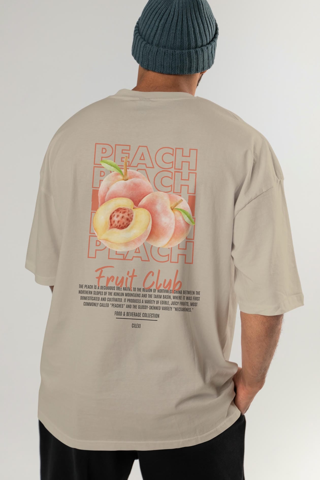 Peach Arka Baskılı Oversize t-shirt Erkek Kadın Pamuk Bisiklet Yaka tişort