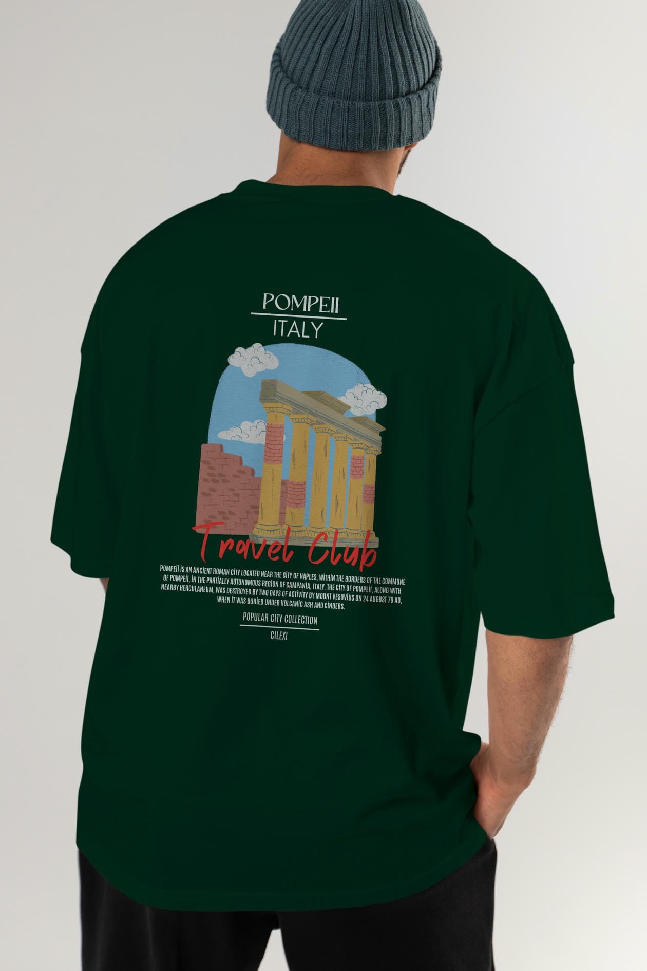 Pompeii İtaly Arka Baskılı Oversize t-shirt Erkek Kadın Pamuk Bisiklet Yaka tişort