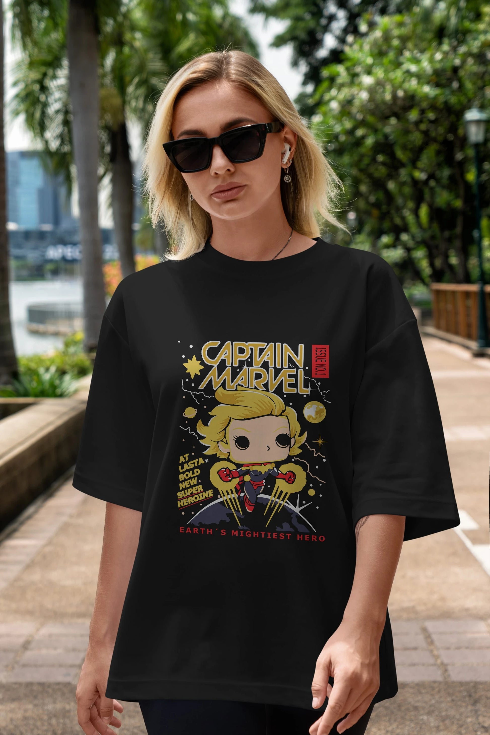 Captain Marvel Ön Baskılı Oversize t-shirt Erkek Kadın Unisex %100 Pamuk Bisiklet Yaka tişort
