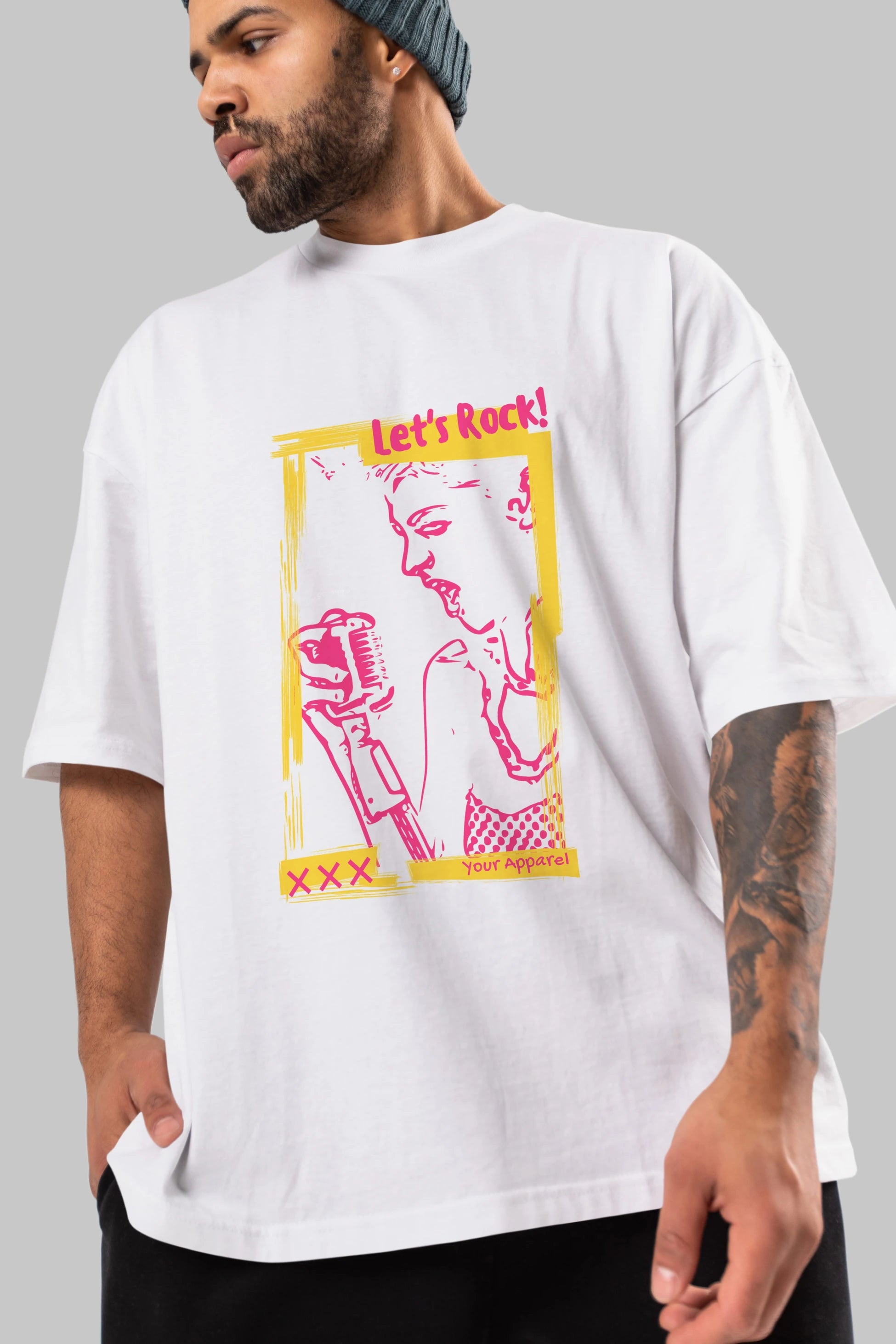 Let's Rock Yazılı Ön Baskılı Oversize t-shirt Erkek Kadın Unisex