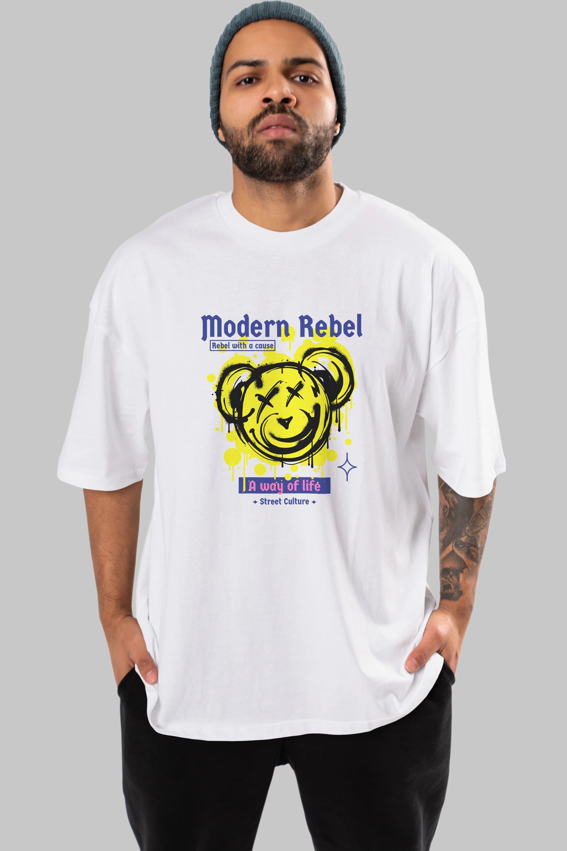 Modern Rebel Bear Ön Baskılı Oversize t-shirt Erkek Kadın Unisex