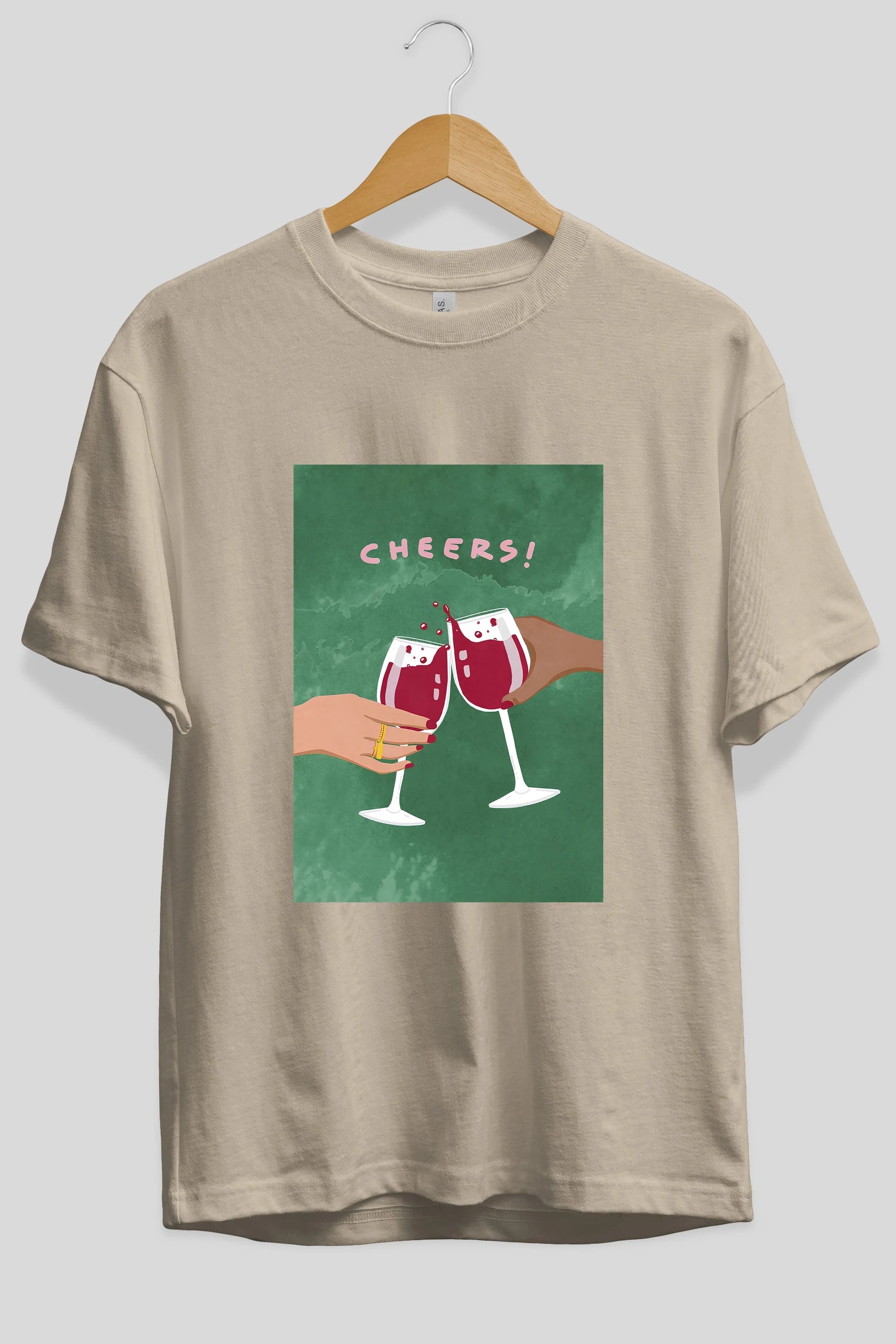 Cheers Ön Baskılı Oversize t-shirt Erkek Kadın Unisex %100 Pamuk Bisiklet Yaka tişort