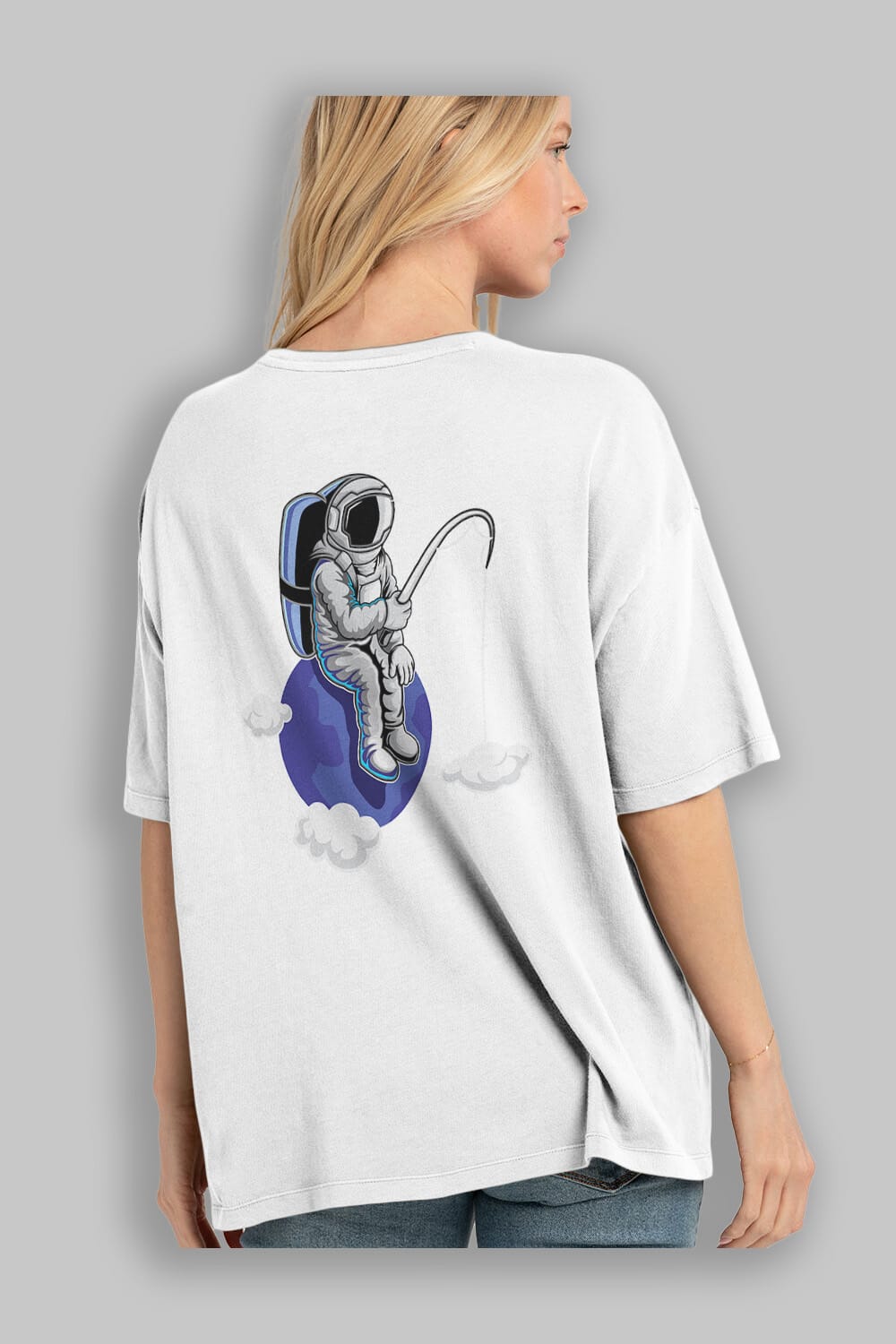 Astronaut Fishing Sticker Arka Baskılı Oversize t-shirt Erkek Kadın Unisex