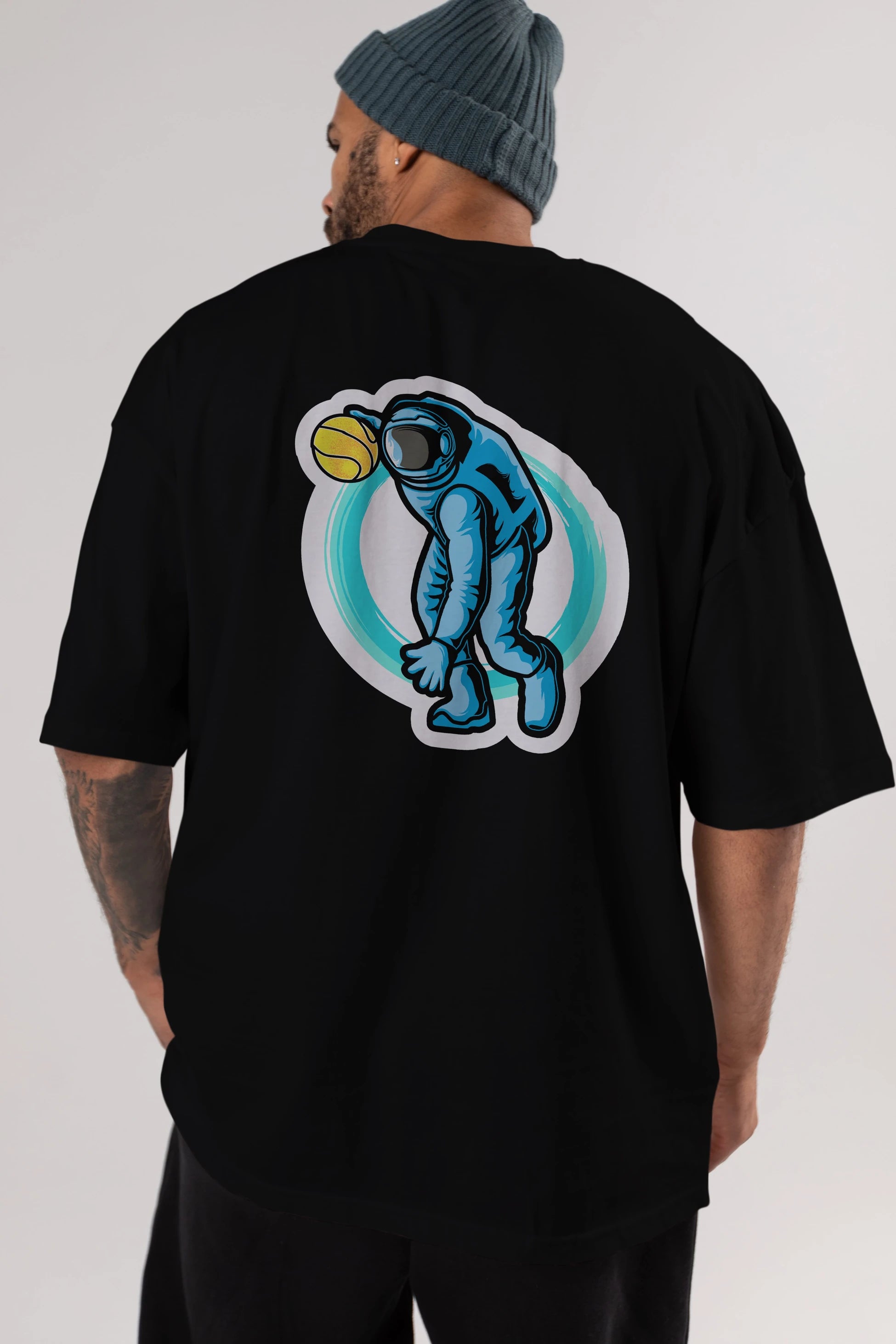 Astronaut Dribble Sticker Arka Baskılı Oversize t-shirt Erkek Kadın Unisex