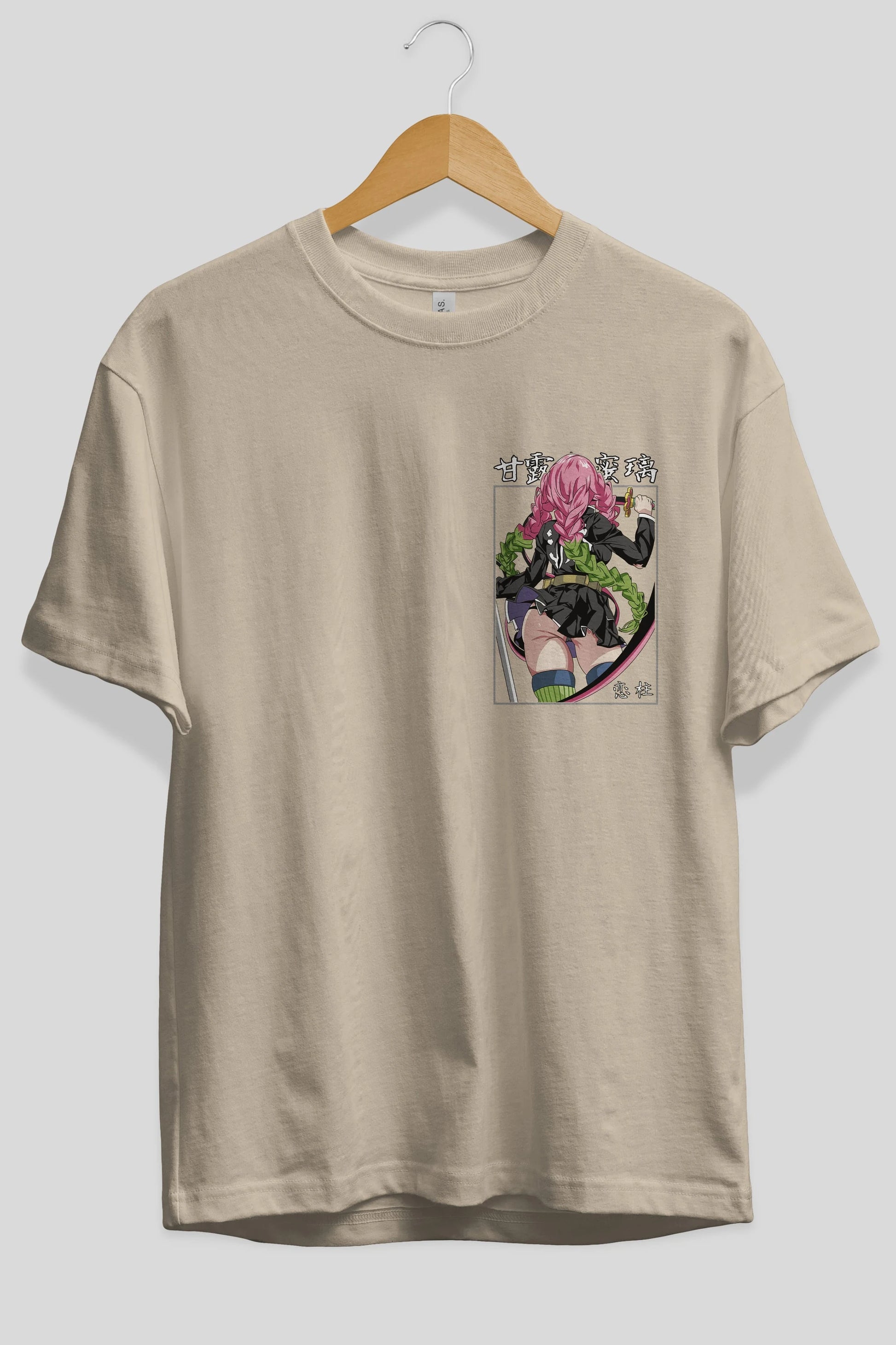 Mitsuri DEMONSLAYER Ön Sol Baskılı Oversize t-shirt Erkek Kadın Unisex %100 Pamuk Bisiklet Yaka tişort