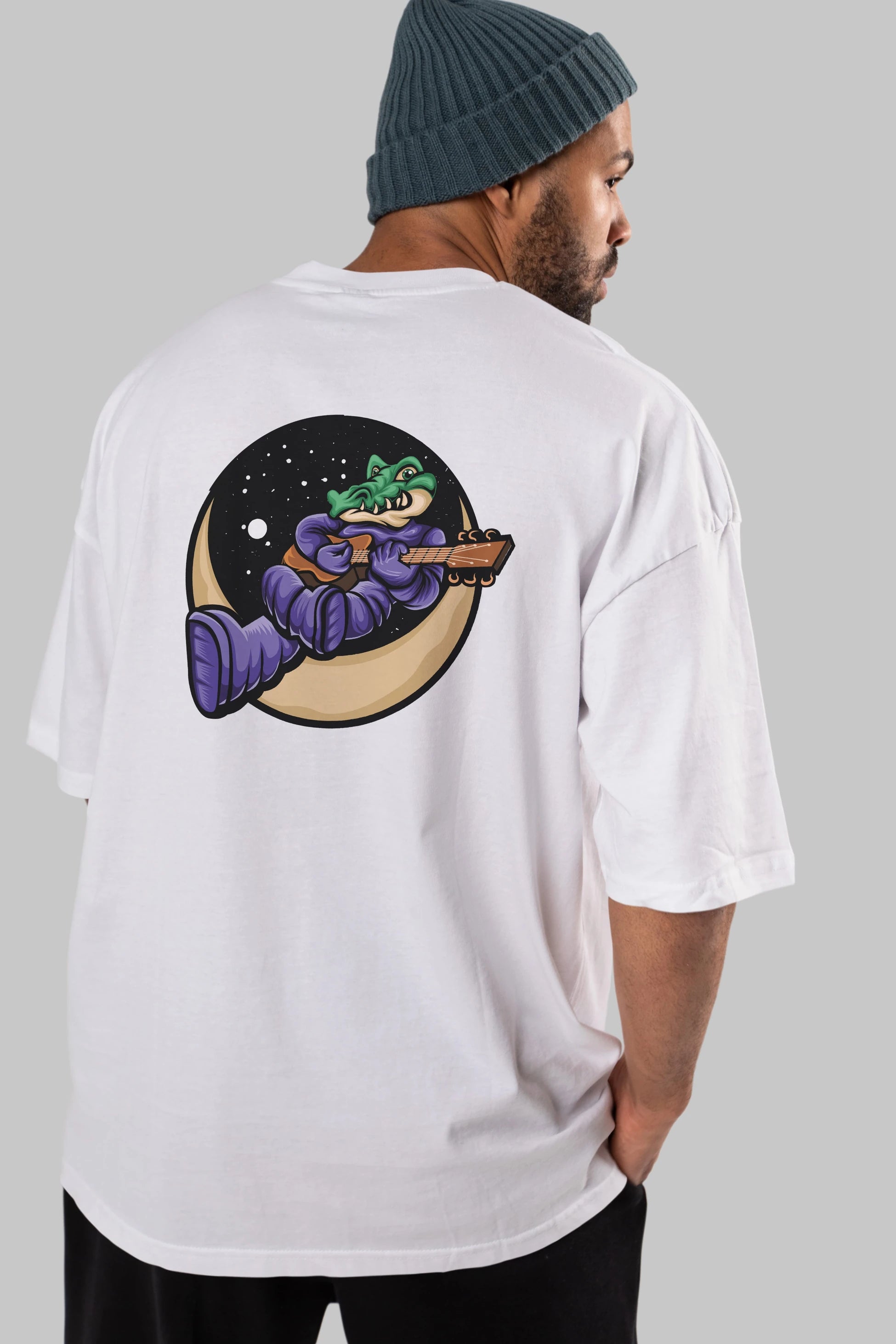Space Crocodile Arka Baskılı Oversize t-shirt Erkek Kadın Unisex