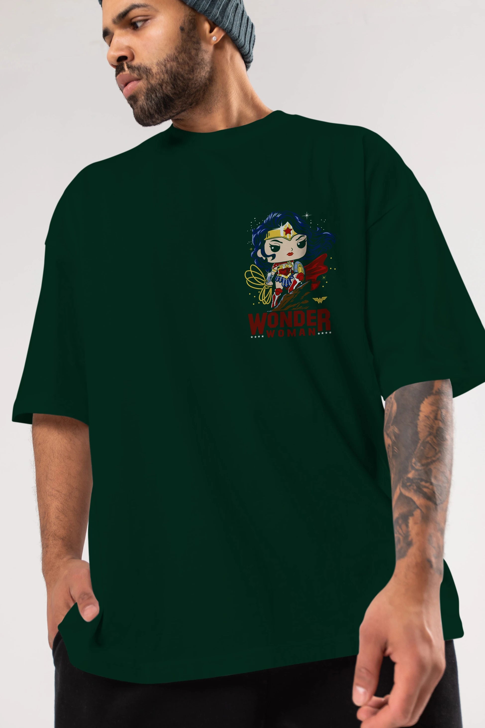 Wonder Woman (2) Ön Sol Baskılı Oversize t-shirt Erkek Kadın Unisex %100 Pamuk Bisiklet Yaka tişort