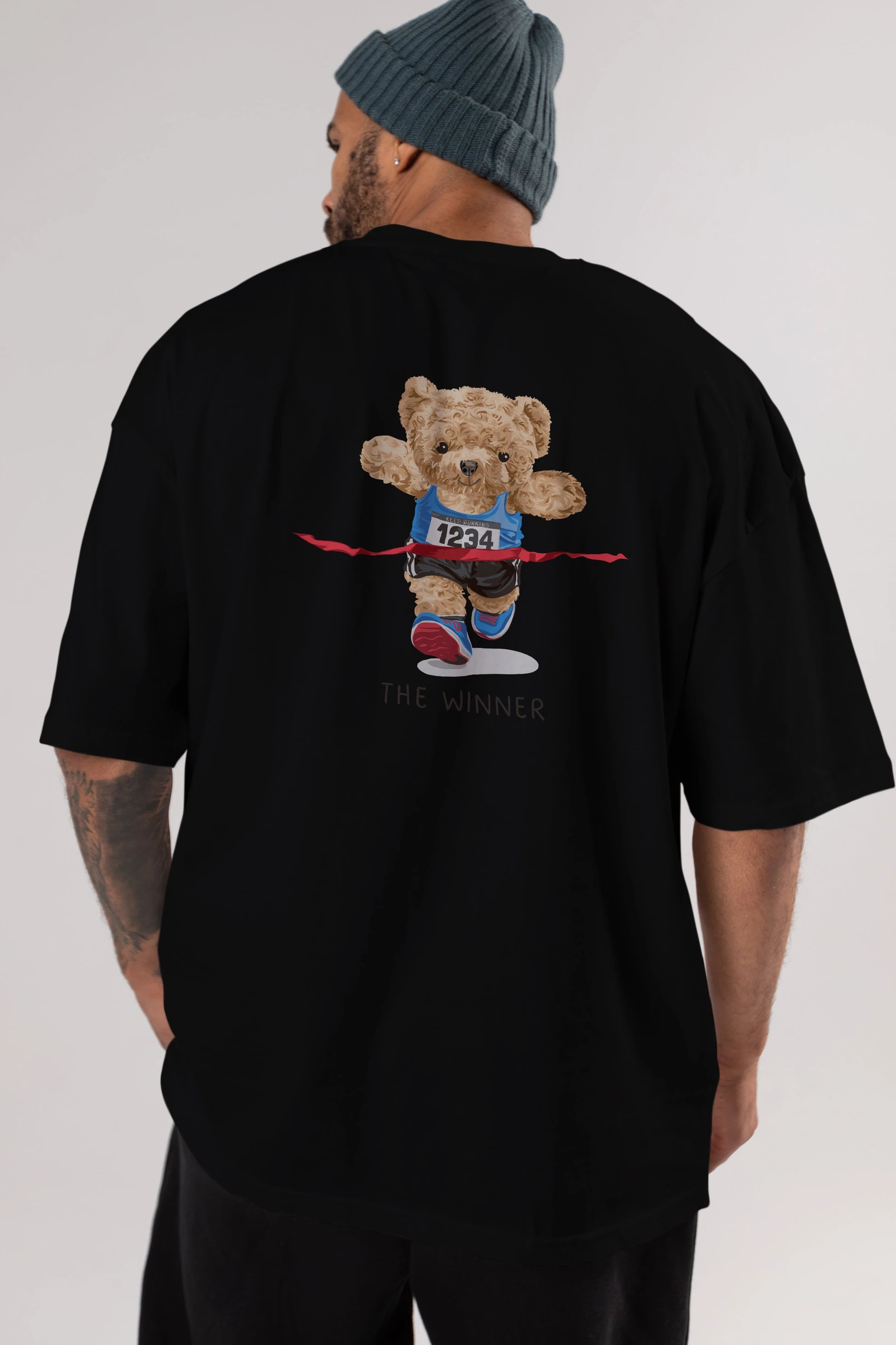 Teddy Bear The Winner Arka Baskılı Oversize t-shirt Erkek Kadın Unisex %100 Pamuk
