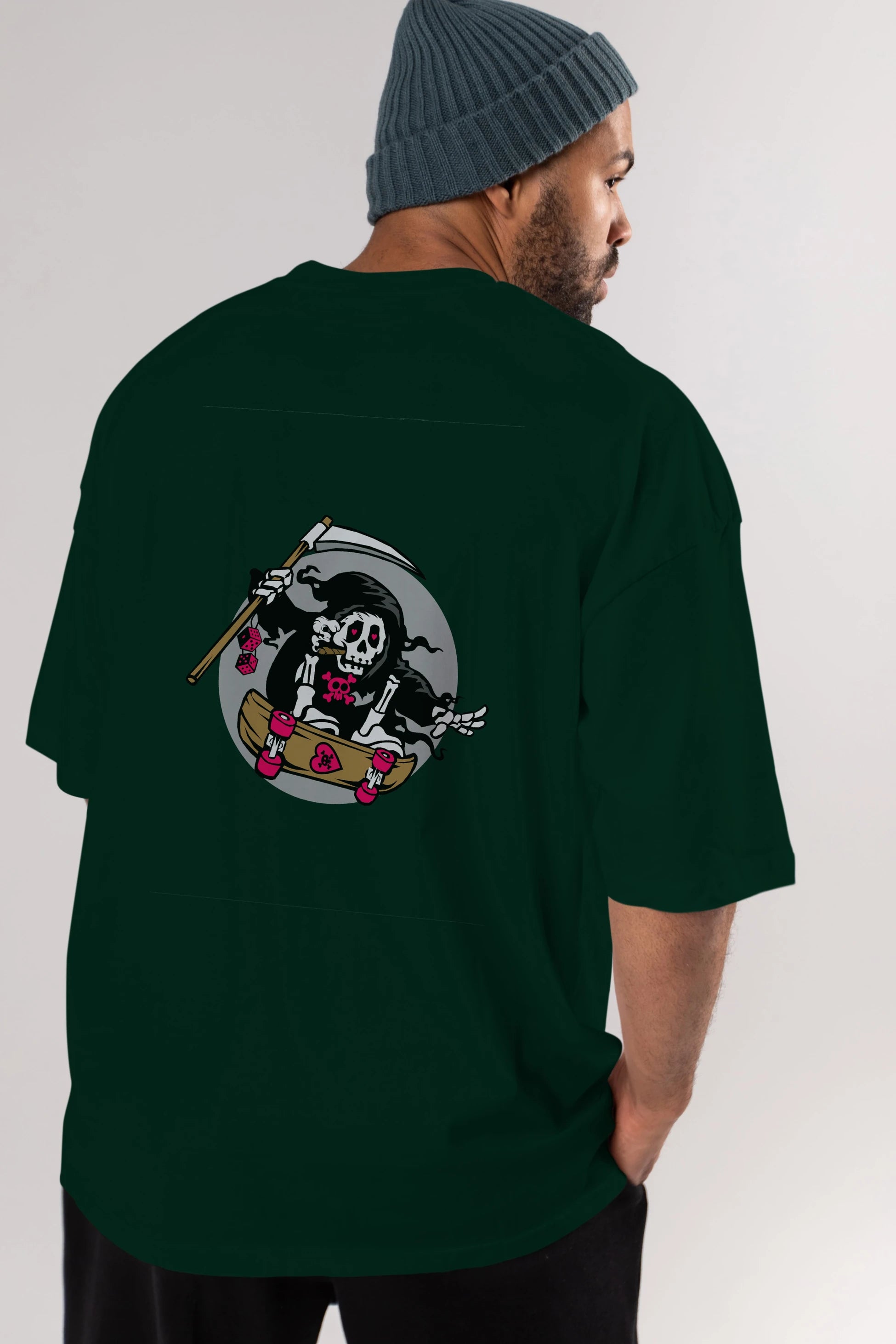 Grim Skater Arka Baskılı Oversize t-shirt Erkek Kadın Unisex %100 Pamuk tişort