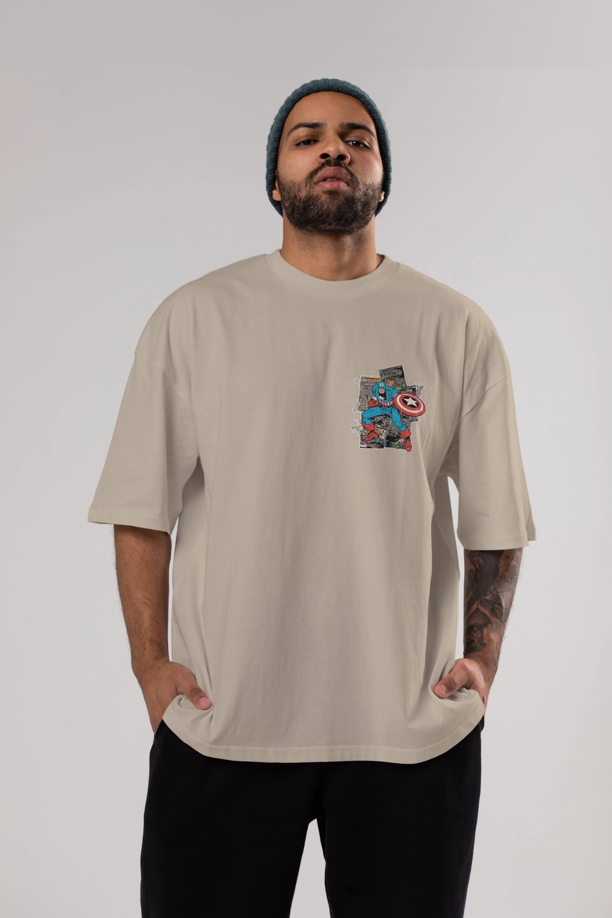 Captain America (2) Ön Sol Baskılı Oversize t-shirt Erkek Kadın Unisex %100 Pamuk Bisiklet Yaka tişort