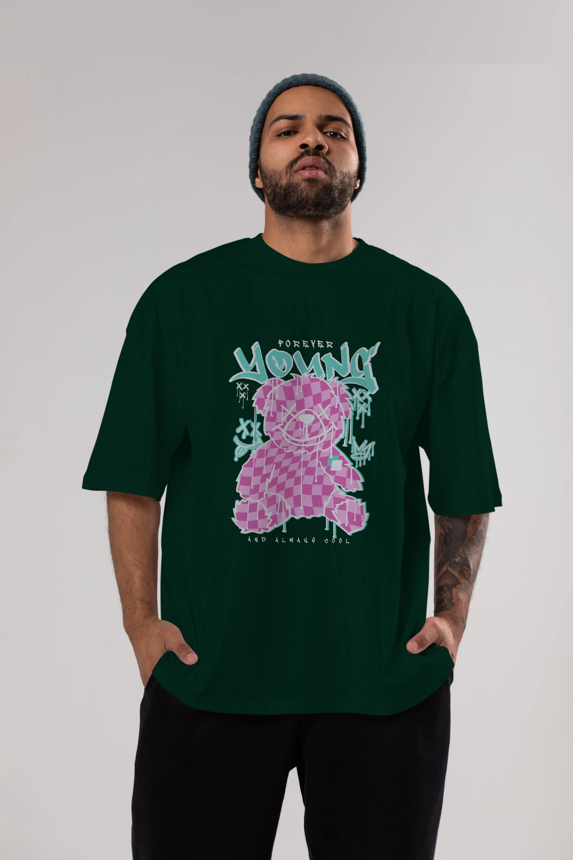 Young and Always Cool Bear Ön Baskılı Oversize t-shirt Erkek Kadın Unisex