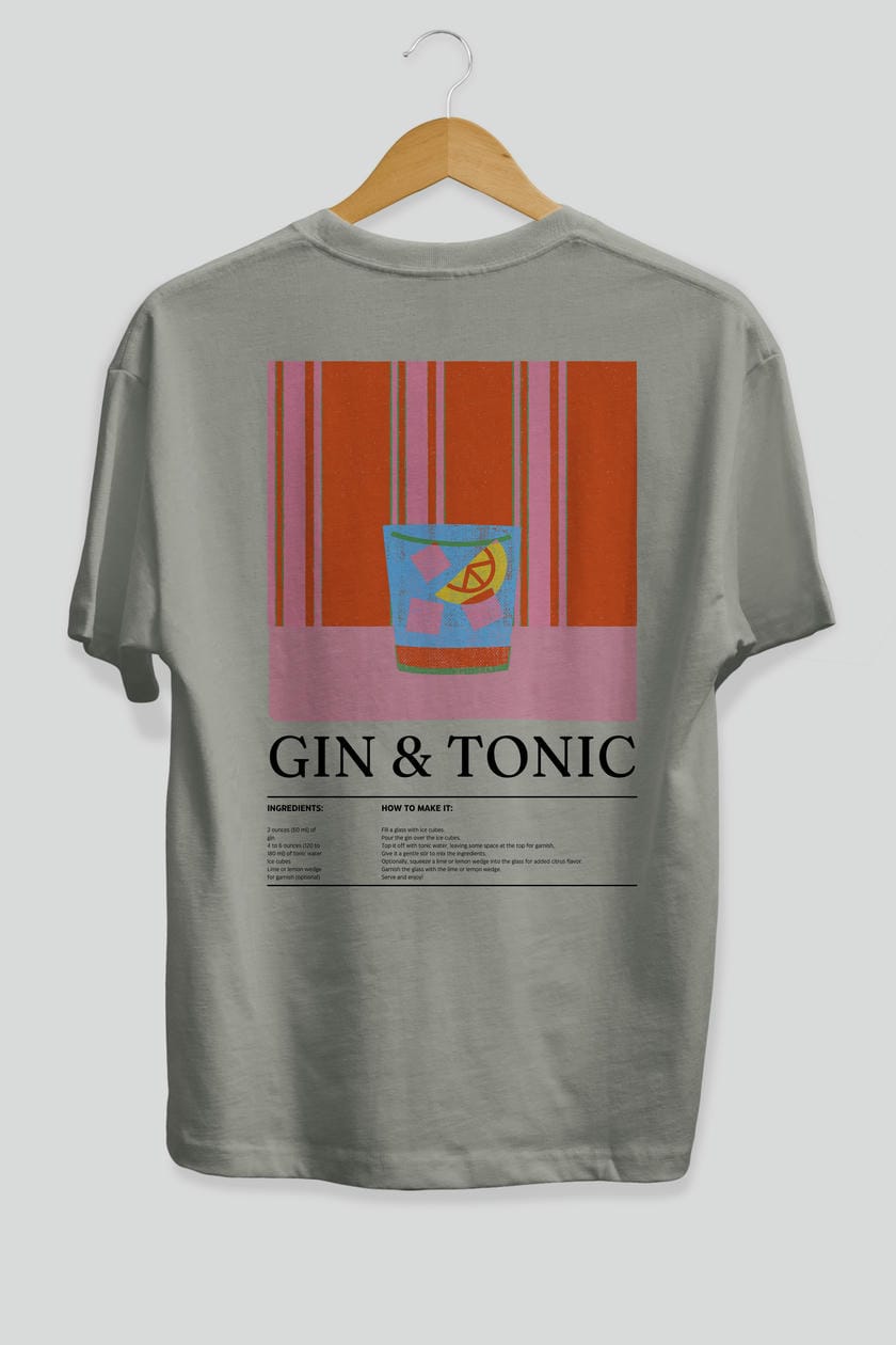 Gin Tonic Kokteyl Serisi Arka Baskılı Oversize t-shirt Erkek Kadın %100 Pamuk Bisiklet Yaka tişort