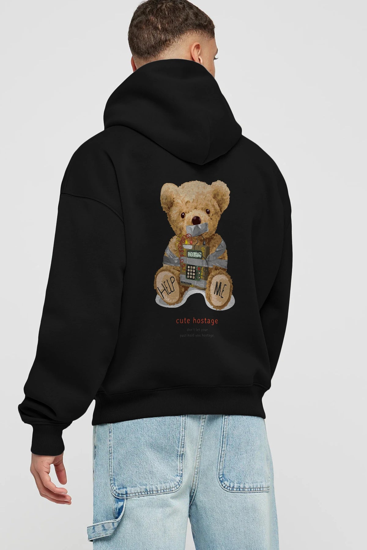 Teddy Bear Help Me Arka Baskılı Hoodie Oversize Kapüşonlu Sweatshirt Erkek Kadın Unisex