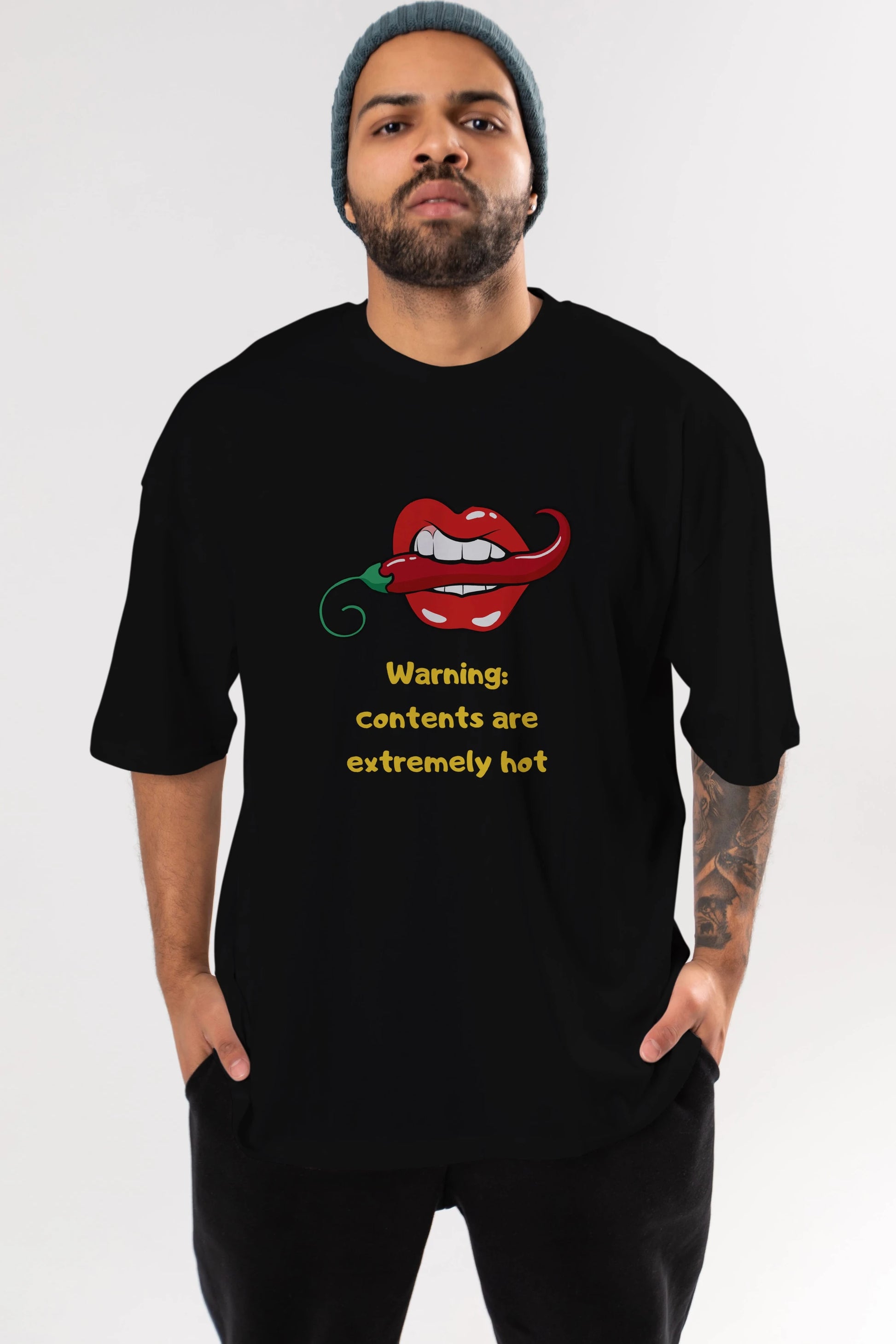 Warning Contents Yazılı Ön Baskılı Oversize t-shirt Erkek Kadın Unisex