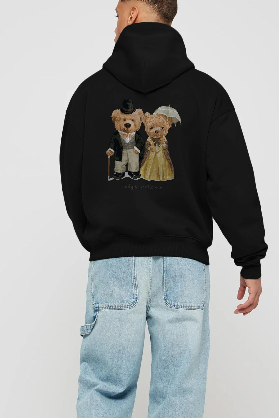 Teddy Bear Couple Arka Baskılı Hoodie Oversize Kapüşonlu Sweatshirt Erkek Kadın Unisex