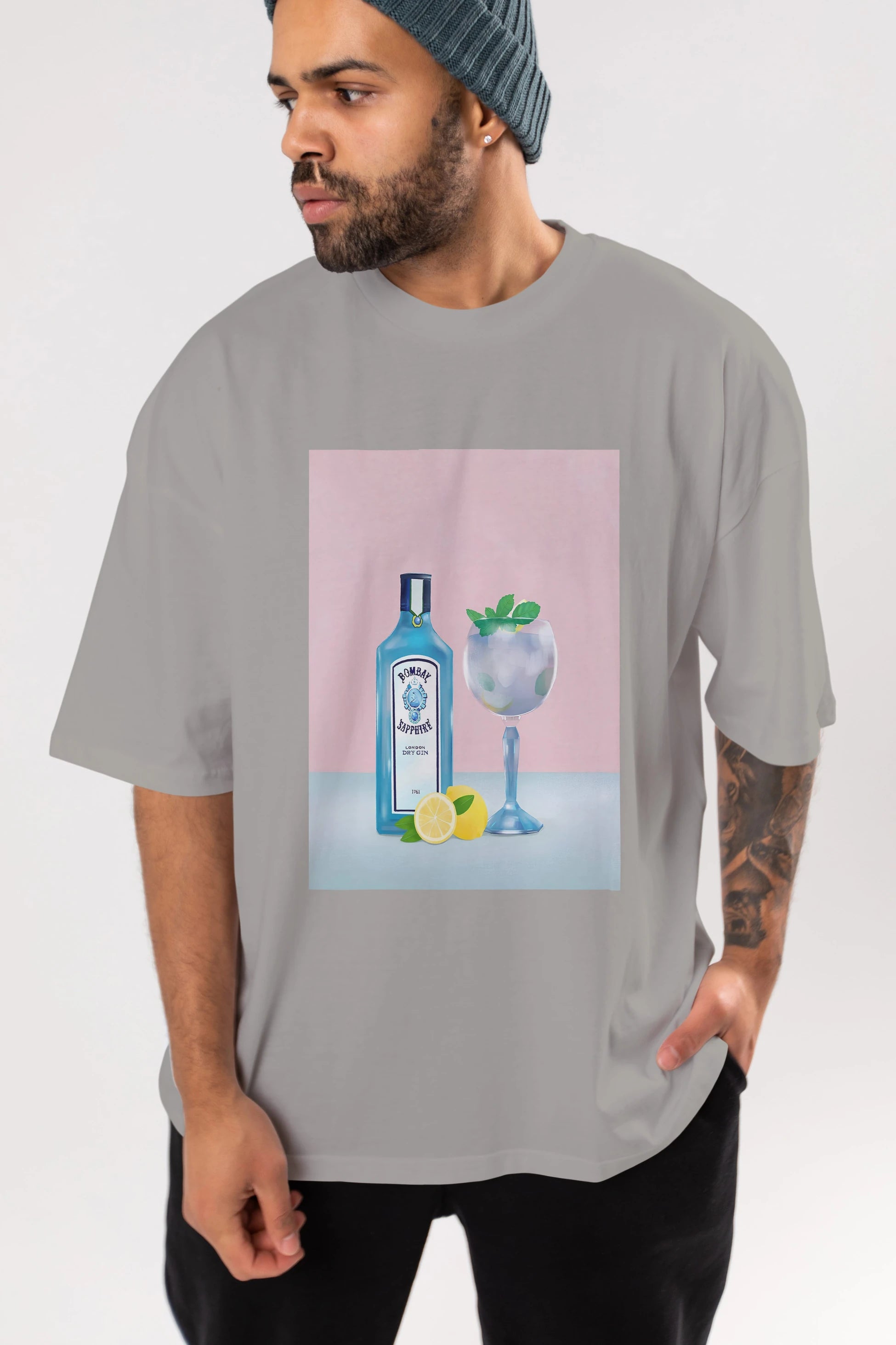 Bombay Sapphire Dry Gin Ön Baskılı Oversize t-shirt Erkek Kadın Unisex %100 Pamuk Bisiklet Yaka tişort