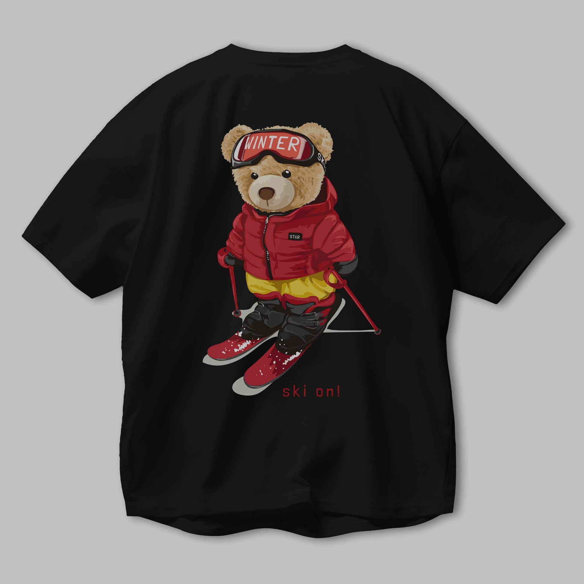 Teddy Bear Ski On Arka Baskılı Oversize t-shirt Erkek Kadın Unisex %100 Pamuk