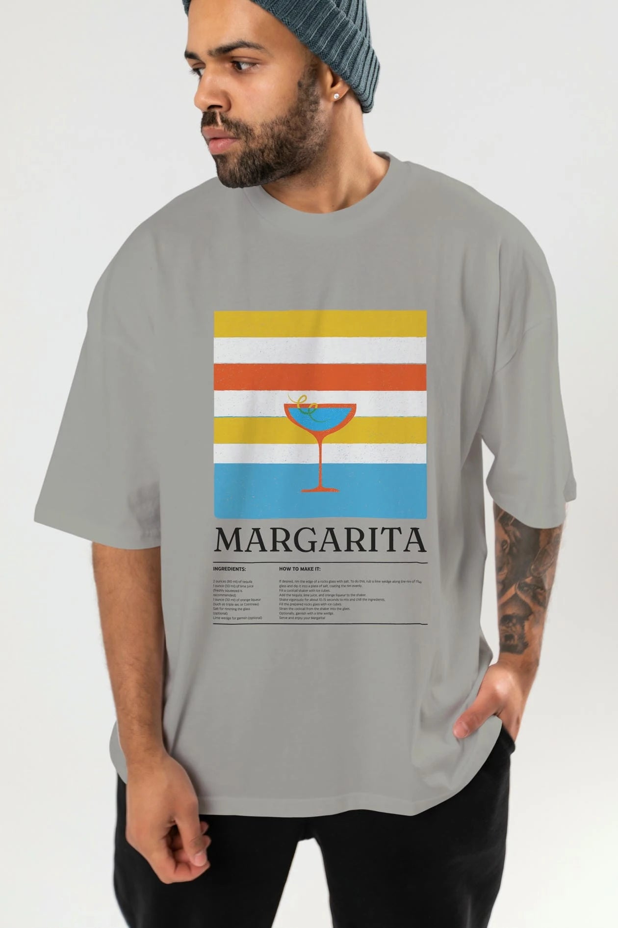Margarita Kokteyl Ön Baskılı Oversize t-shirt Erkek Kadın %100 Pamuk Bisiklet Yaka tişort