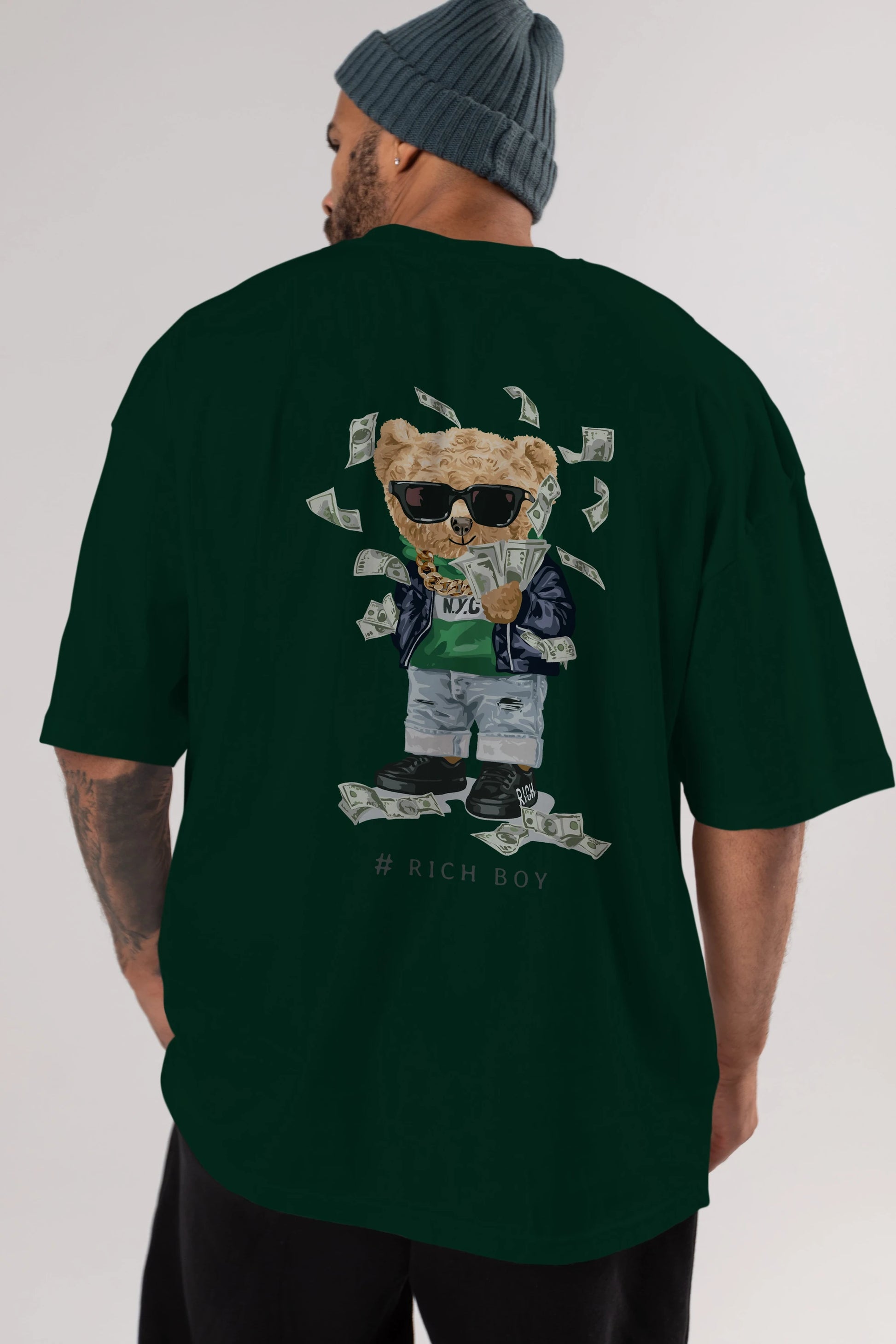 Teddy Bear Rich Boy Arka Baskılı Oversize t-shirt Erkek Kadın Unisex %100 Pamuk