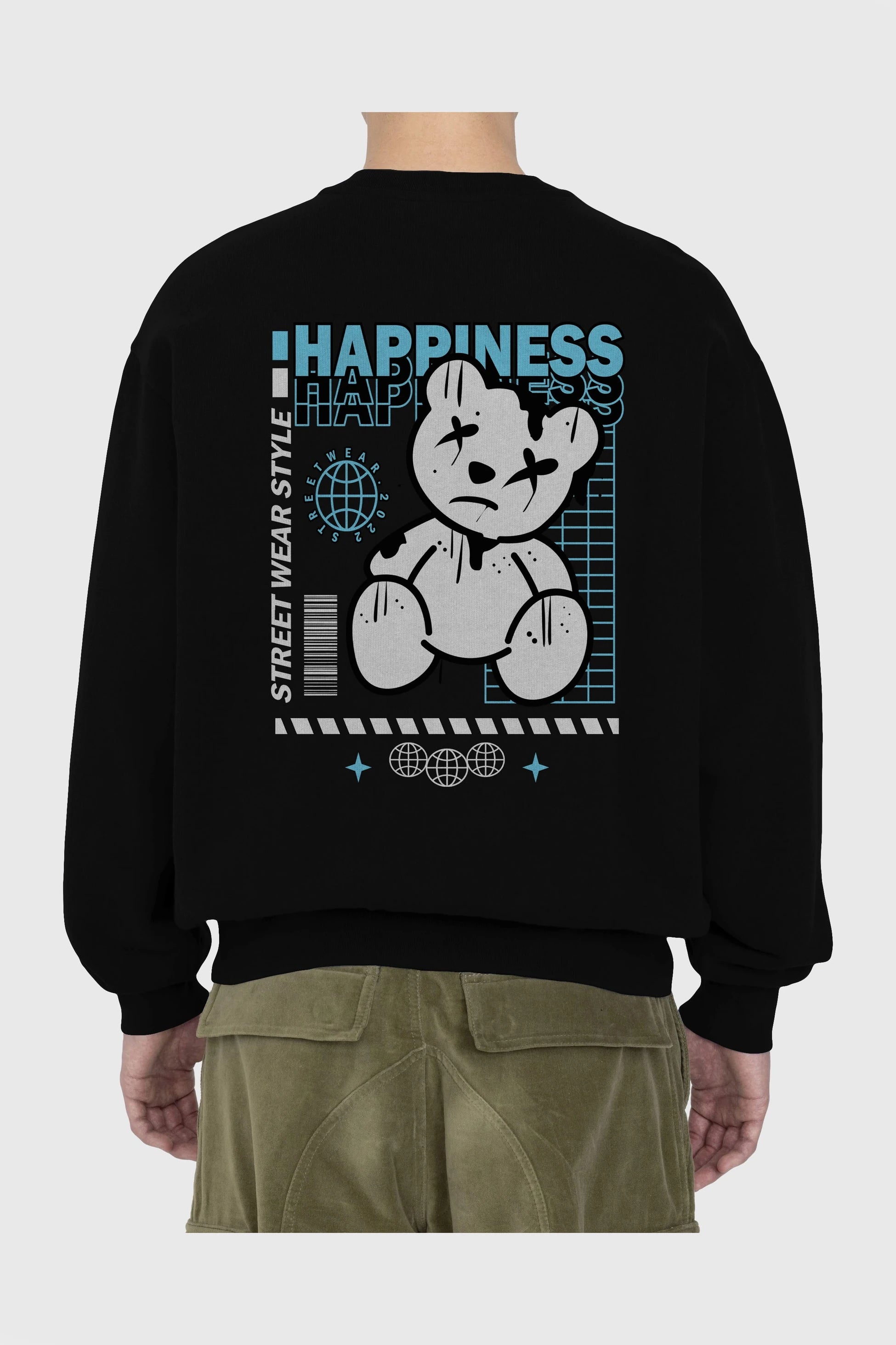 Happiness Bear 2 Arka Baskılı Oversize Sweatshirt Erkek Kadın Unisex