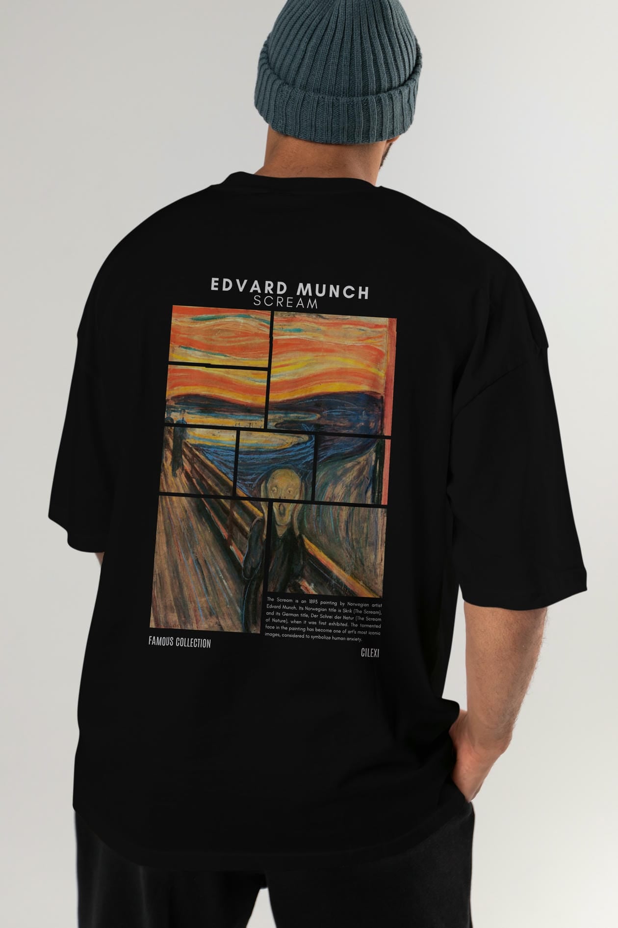Edvard Munch Scream Arka Baskılı Oversize t-shirt Erkek Kadın Bisiklet Yaka Pamuk tişort