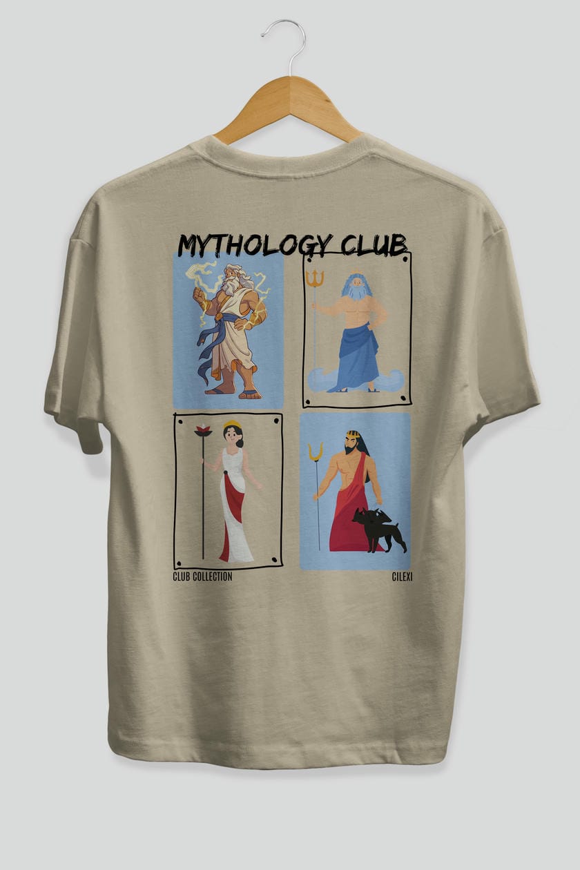 Mythology Club 2 Arka Baskılı Oversize t-shirt Erkek Kadın %100 Pamuk Bisiklet Yaka tişort