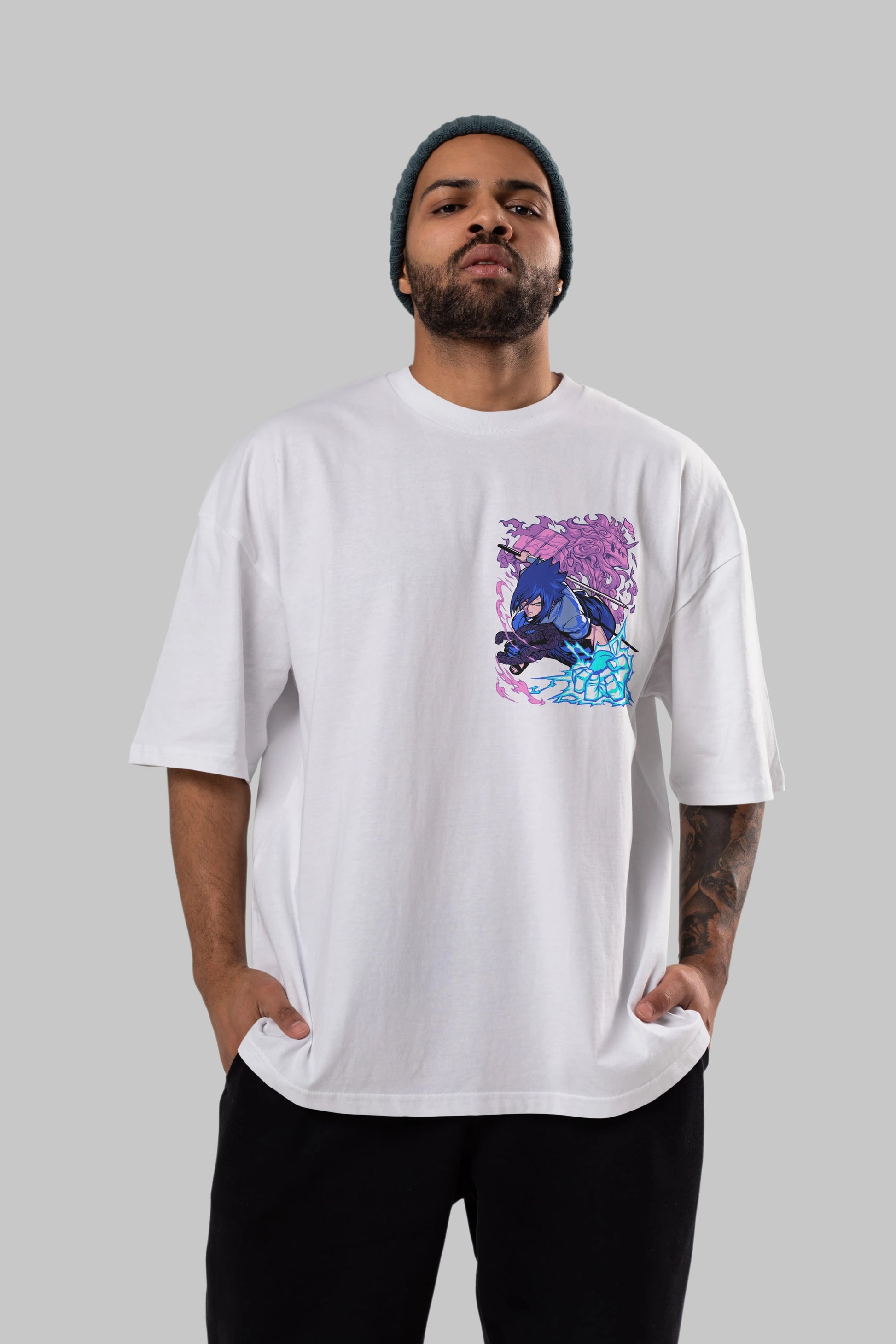NARUTO SASUKE UCHIHA 2 Ön Sol Baskılı Oversize t-shirt Erkek Kadın Unisex %100 Pamuk Bisiklet Yaka tişort