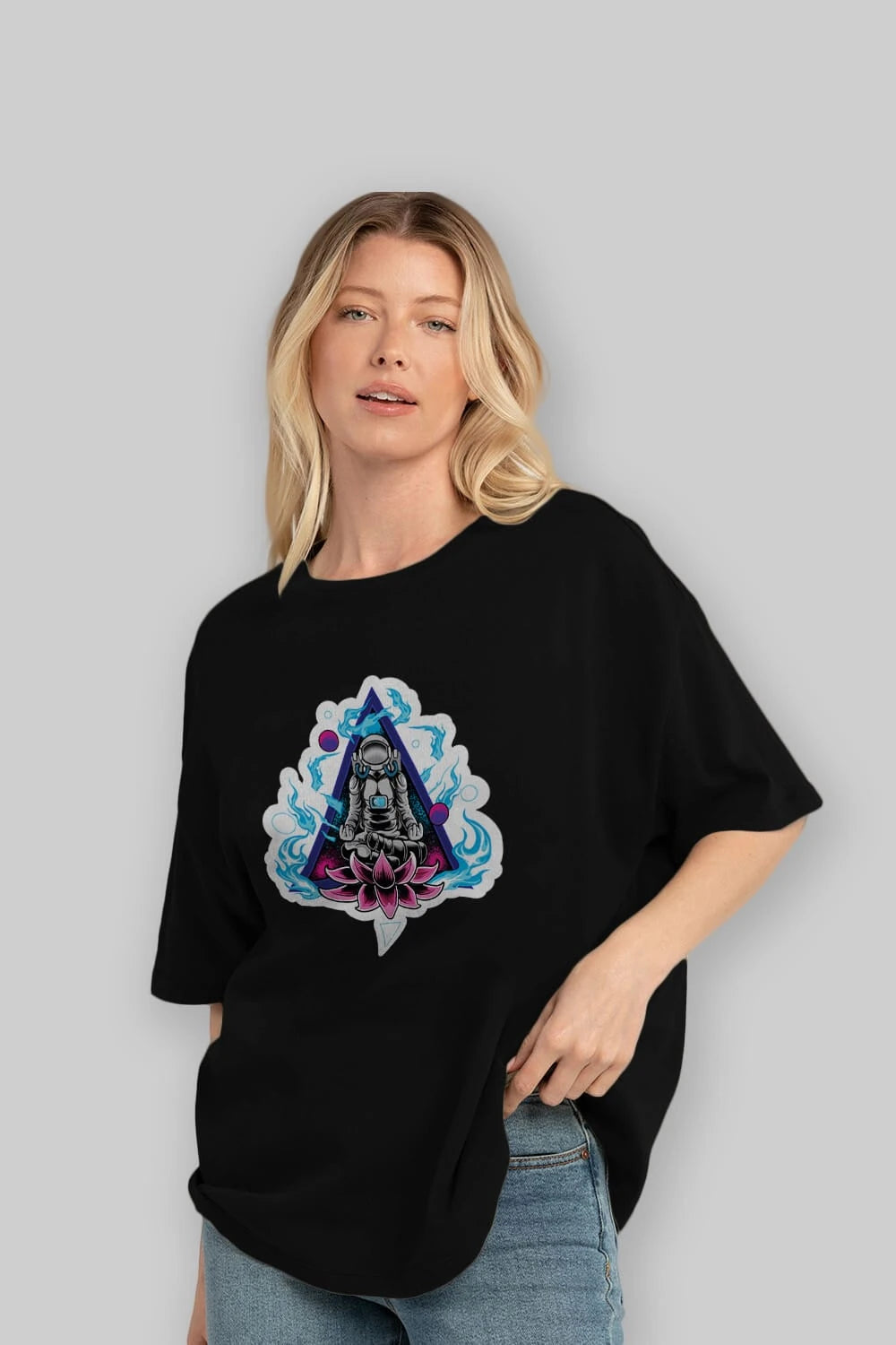 Astronaut Meditation Sticker Ön Baskılı Oversize t-shirt Erkek Kadın Unisex