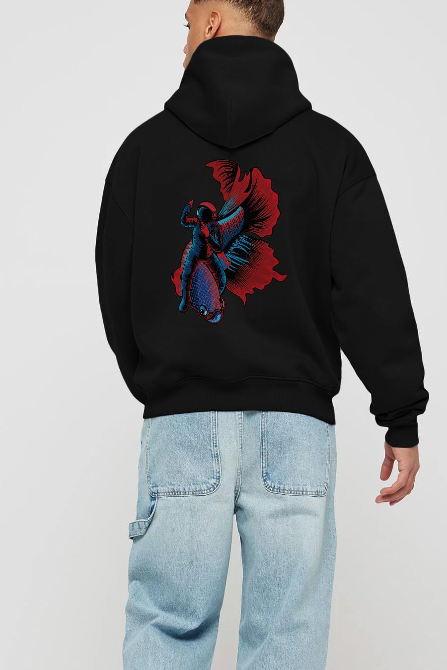 Astrofish selfie Arka Baskılı Hoodie Oversize Kapüşonlu Sweatshirt Erkek Kadın Unisex