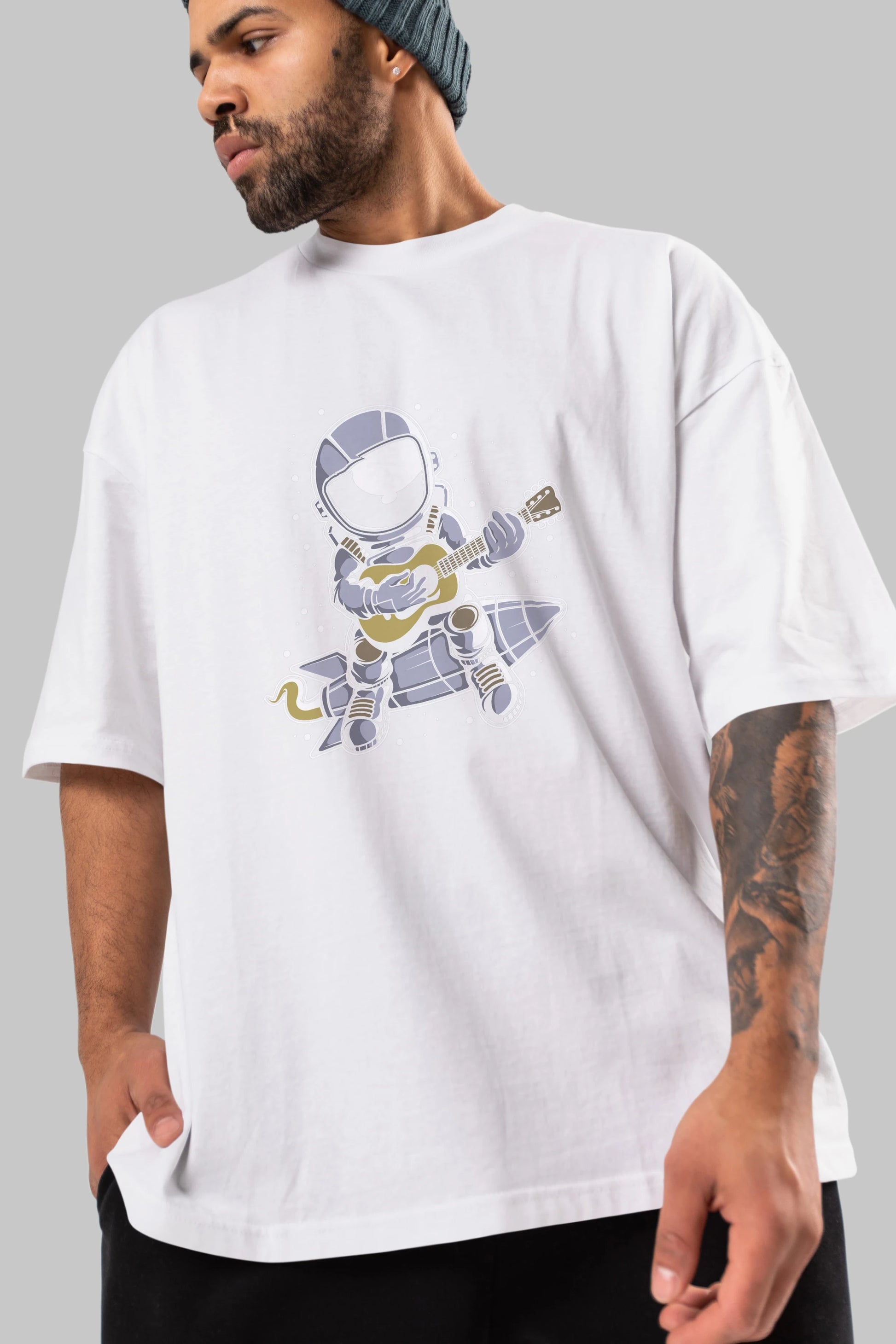 Astronaut Guitar (2) Ön Baskılı Oversize t-shirt Erkek Kadın Unisex