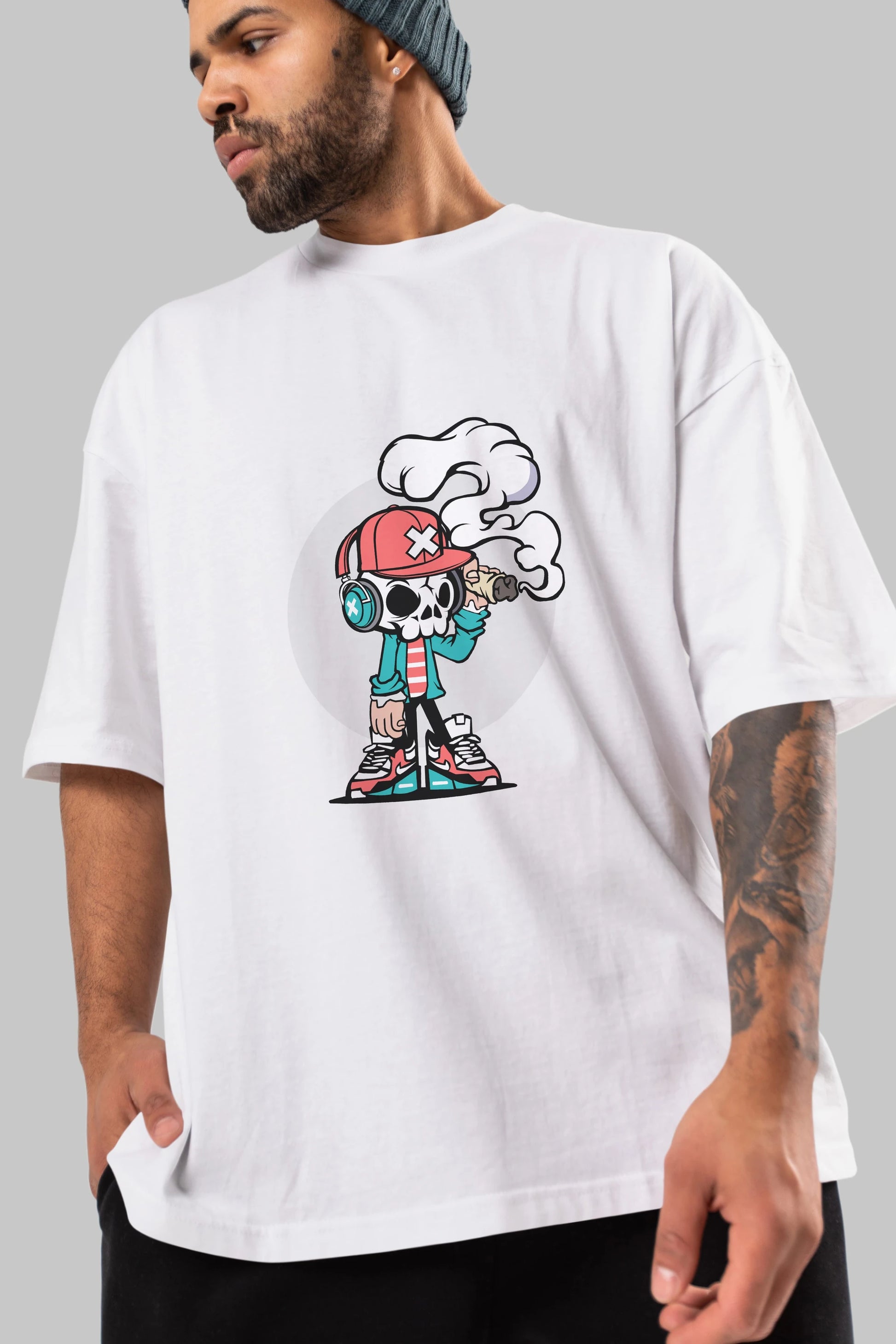 Skull Headphone Ön Baskılı Oversize t-shirt Erkek Kadın Unisex %100 Pamuk tişort