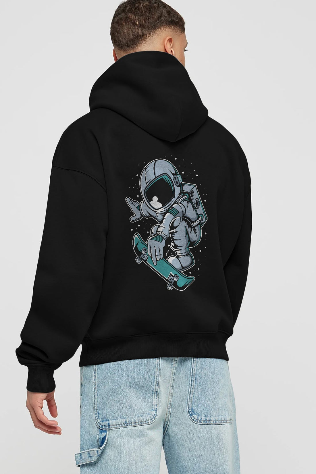 Astronaut Skateboard Jump Arka Baskılı Hoodie Oversize Kapüşonlu Sweatshirt Erkek Kadın Unisex